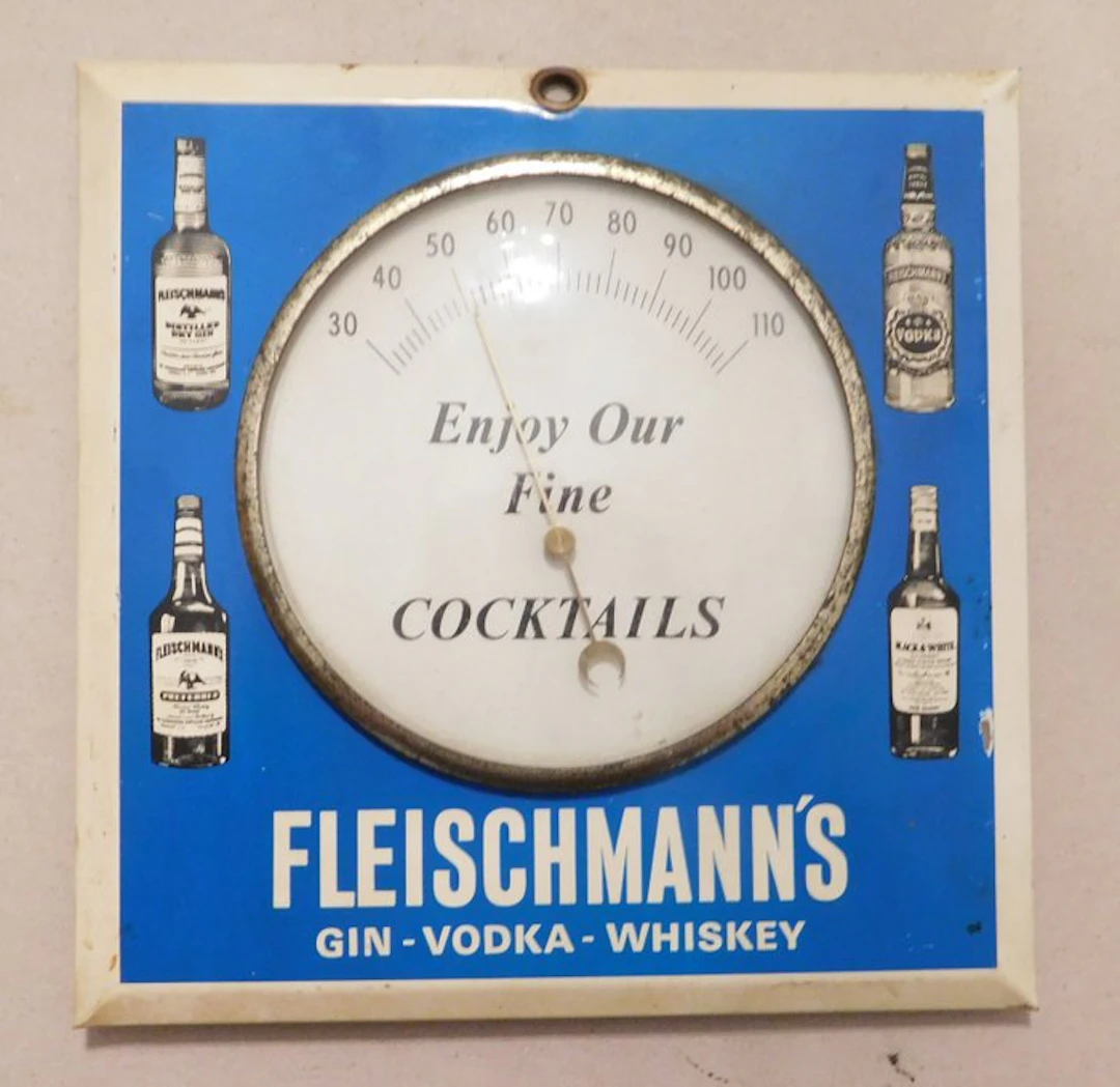 Fleischmann's Gin - Vodka - Whiskey - Thermometer - Blik - Paper