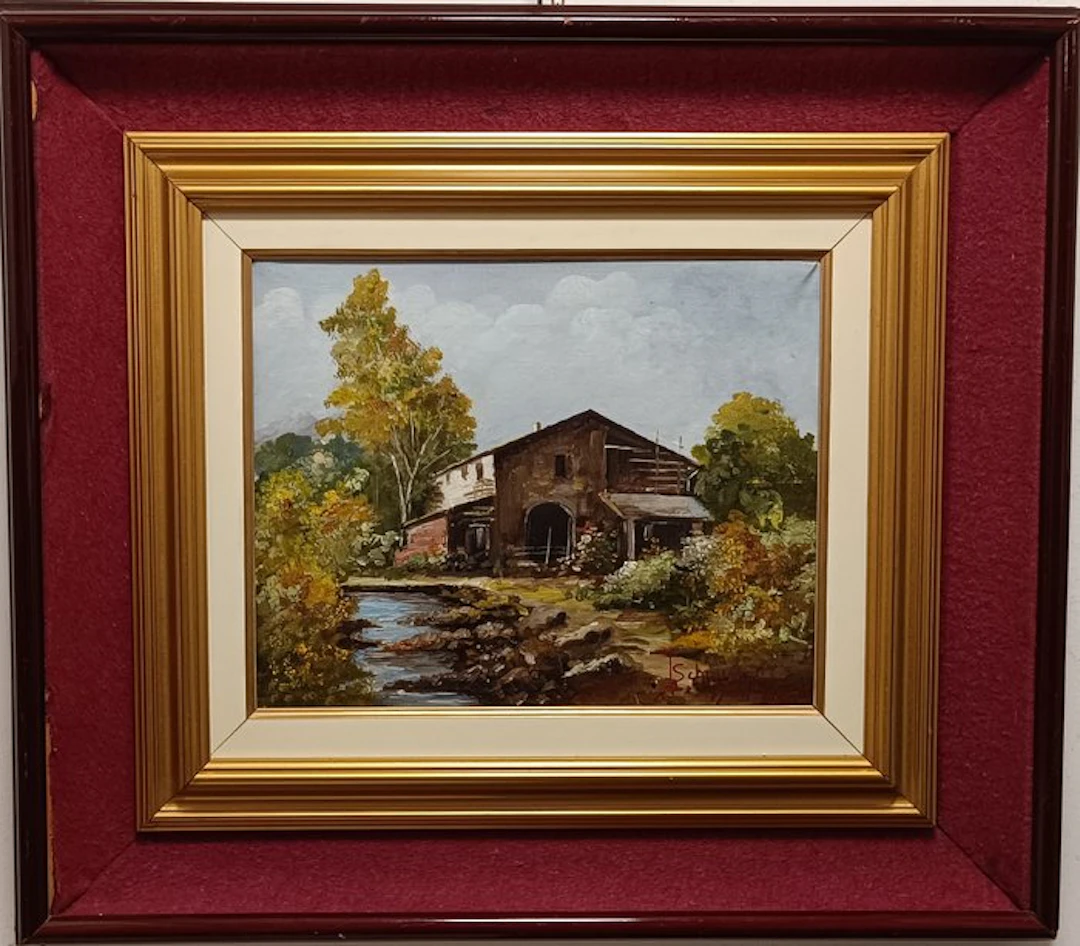 Scuola italiana (XX), Firmato Luig Schiavone - Casolare con fiume
