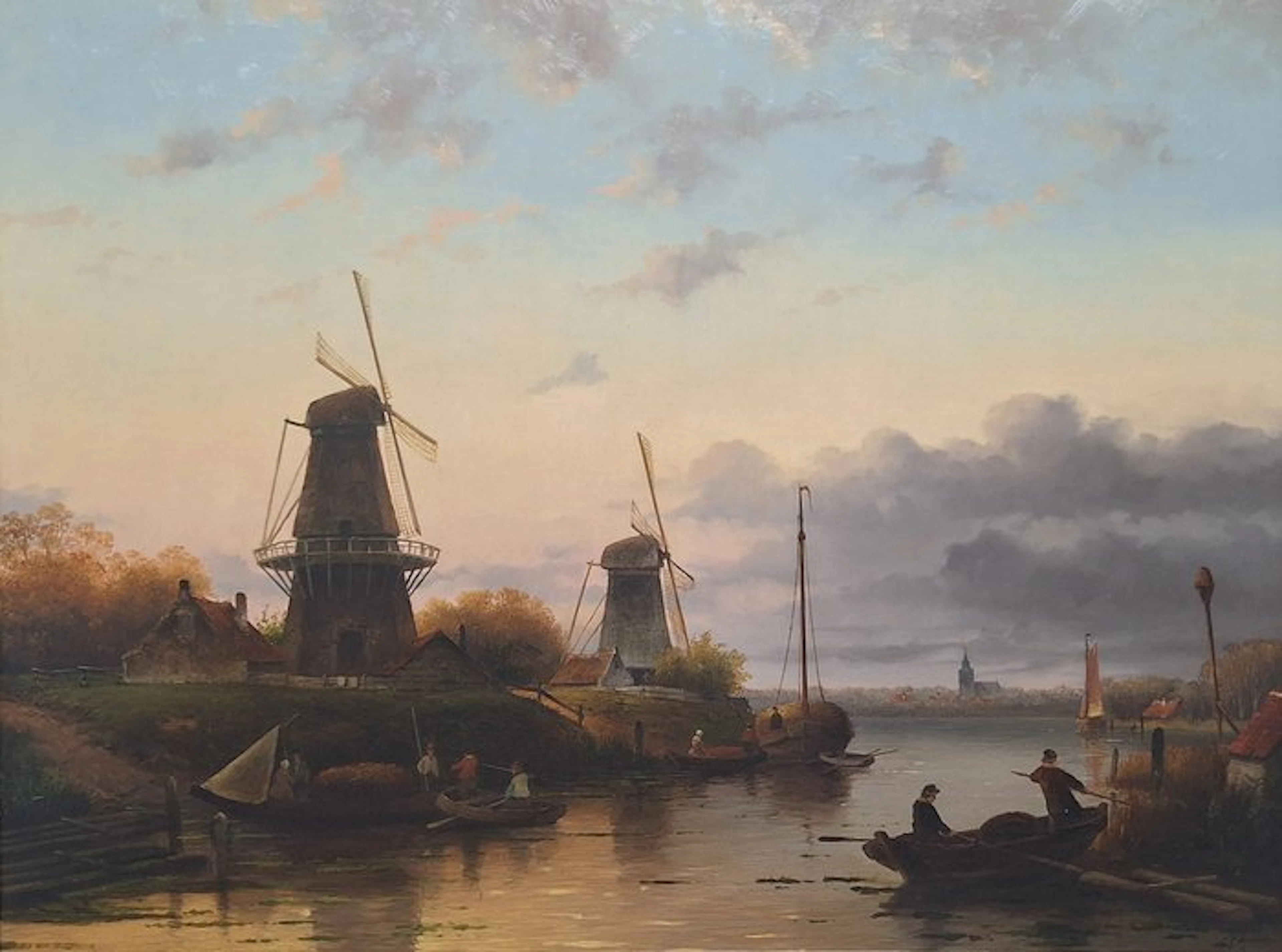 Fred Arends (1949) - Windmolens langs een rivier bij zonsondergang