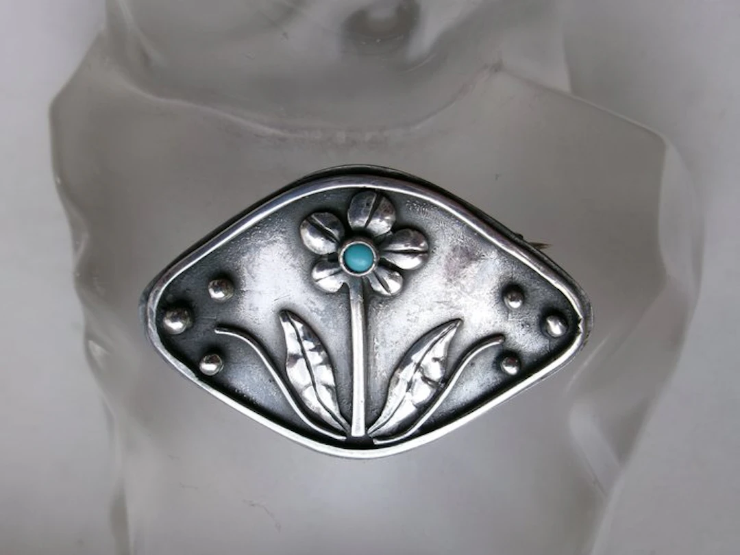 Silver, Turquoise - Brooch - Art Nouveau Style