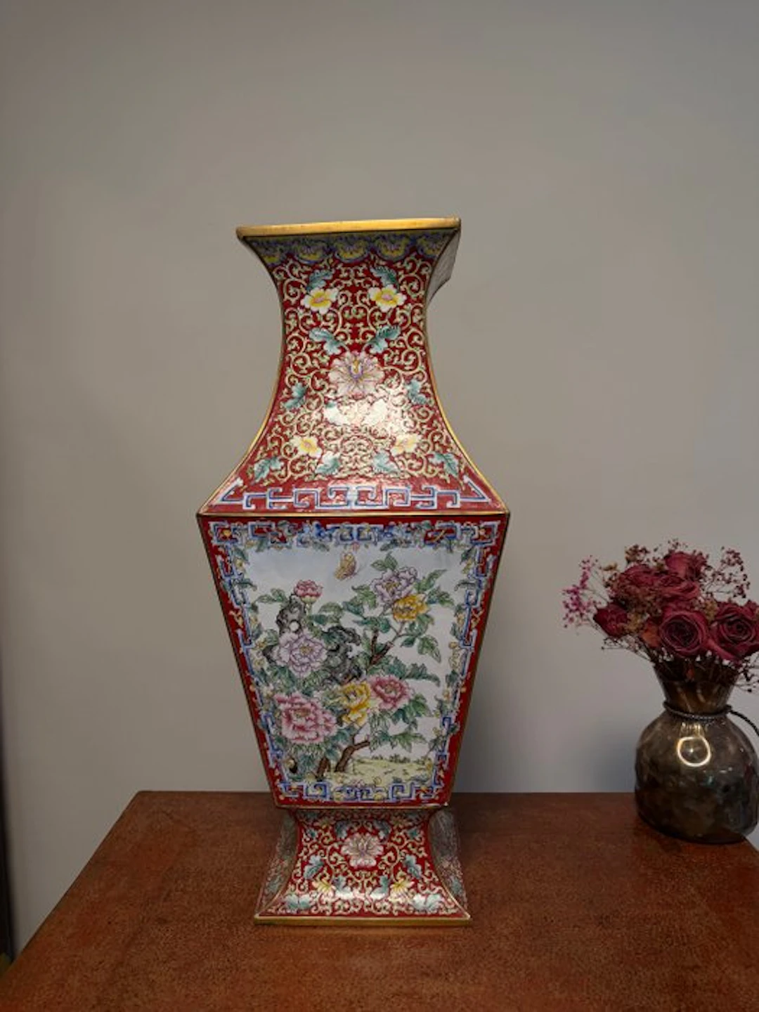 A Large Copper-Body Enamelled Vase with Four Panels 20th Century
