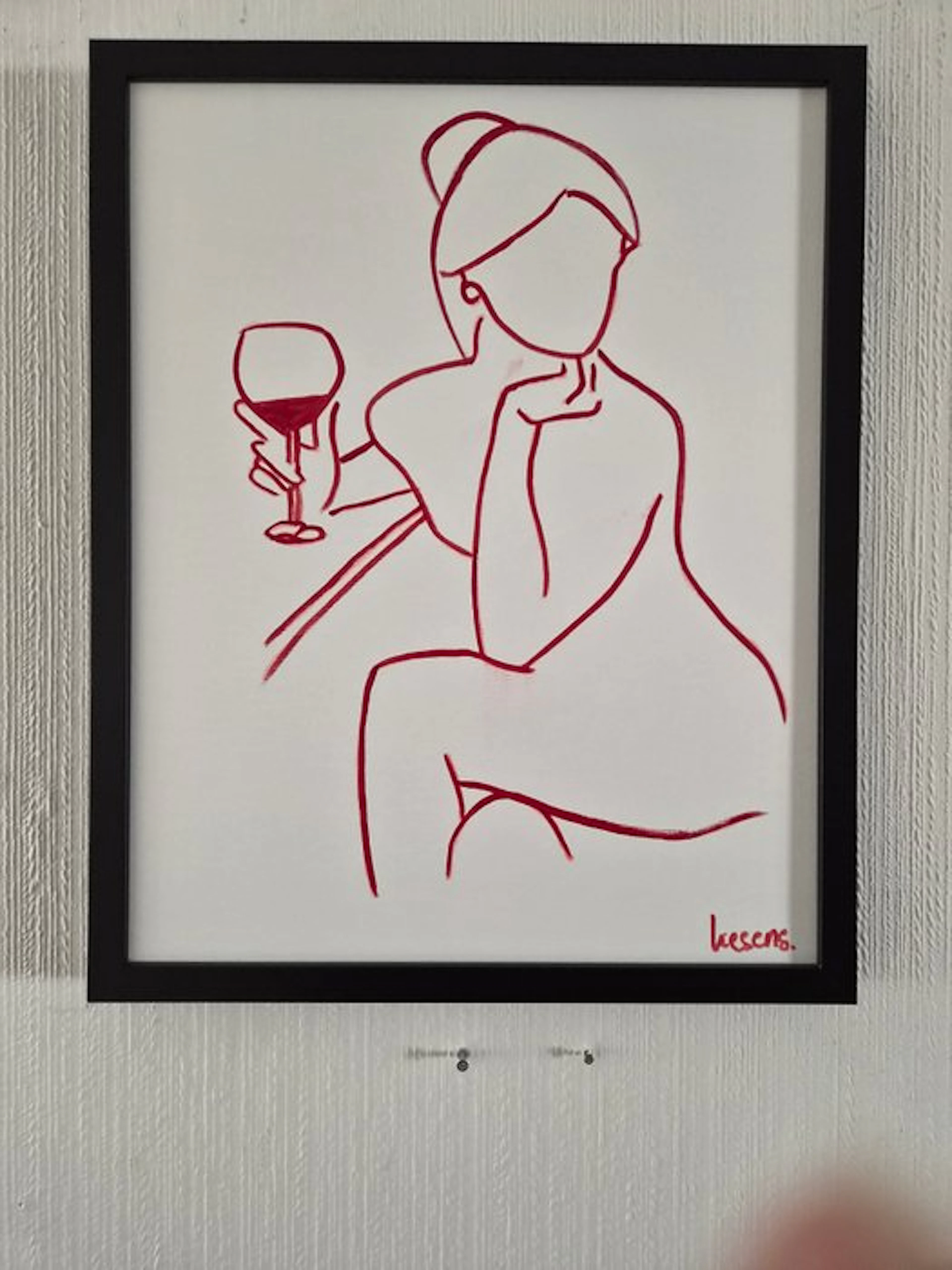 Liesens - I drink my wine (Handpainted on white canvas met lijst)