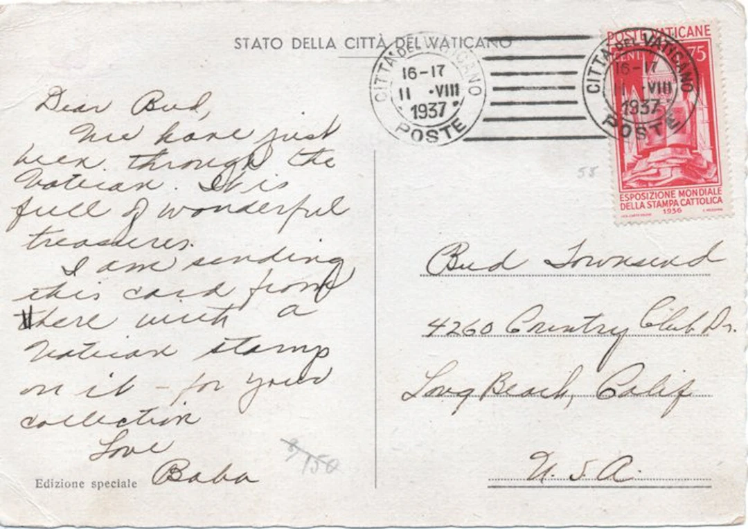 Vatican City 1937 - Postcard mailed at the tariff rate for the USA