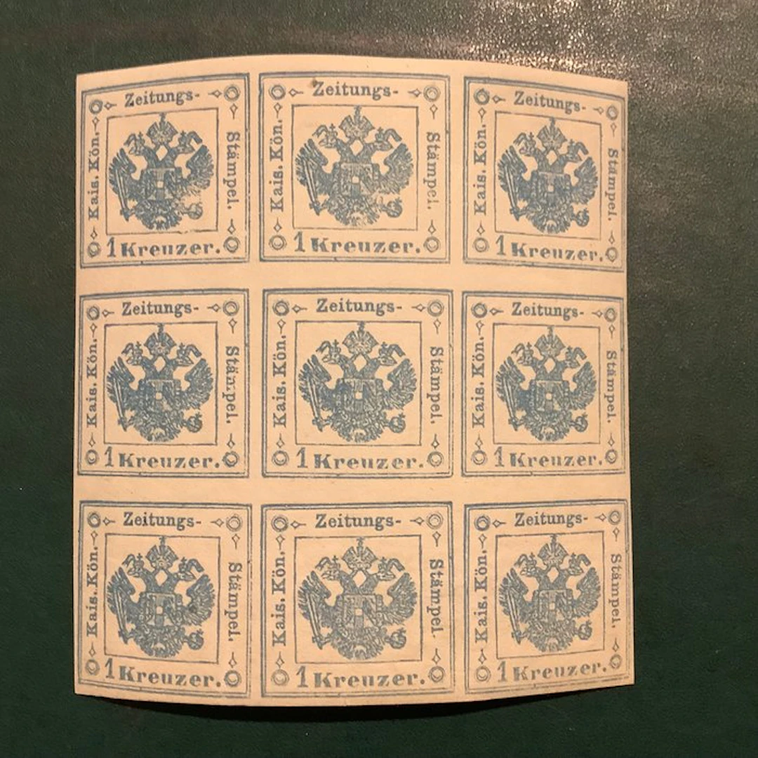 Austria 1859 - Newspaper stamp: 1 kreuzer in a block of 9...