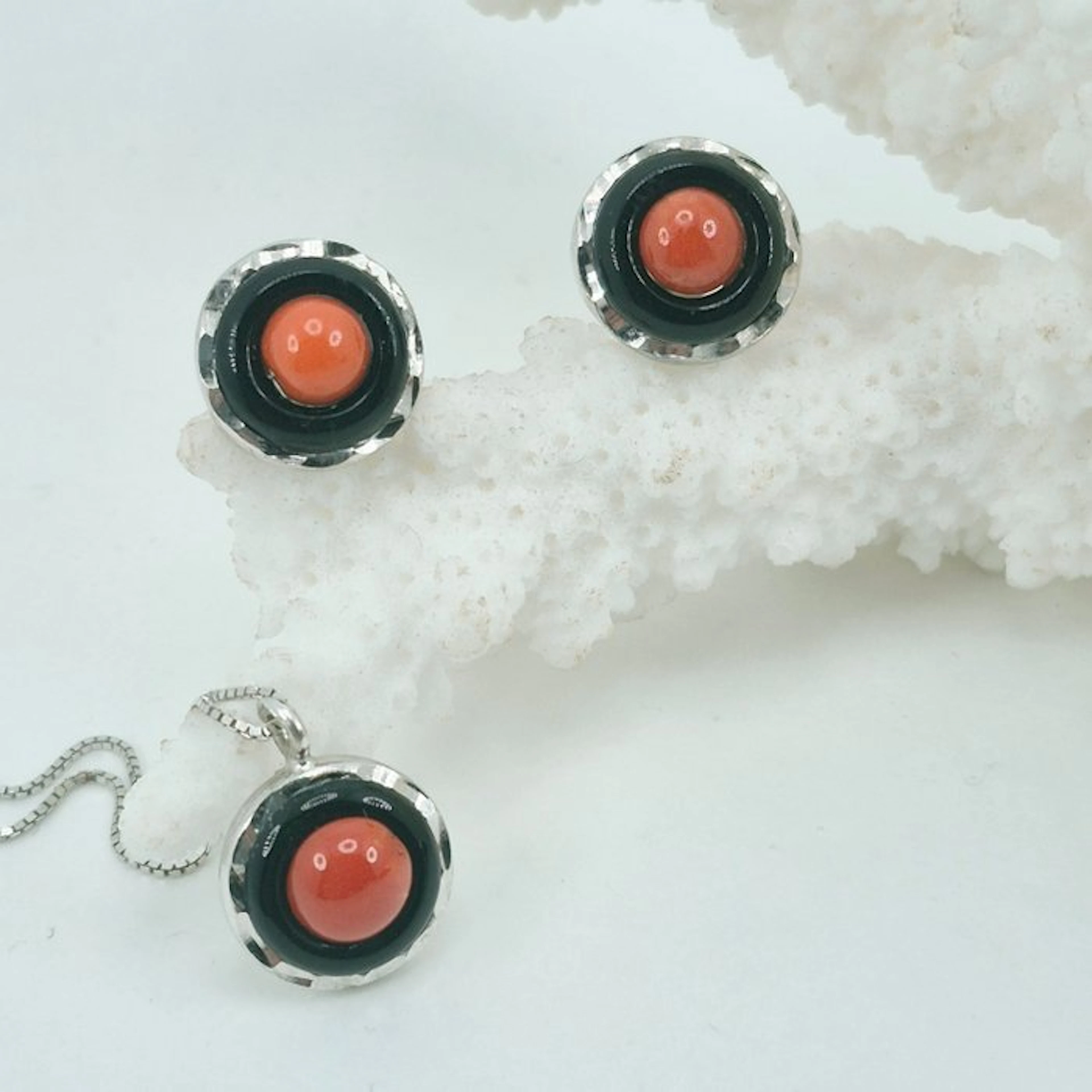 Coral - Silver - 2 piece jewellery set - CORALLO MEDITERRANEO