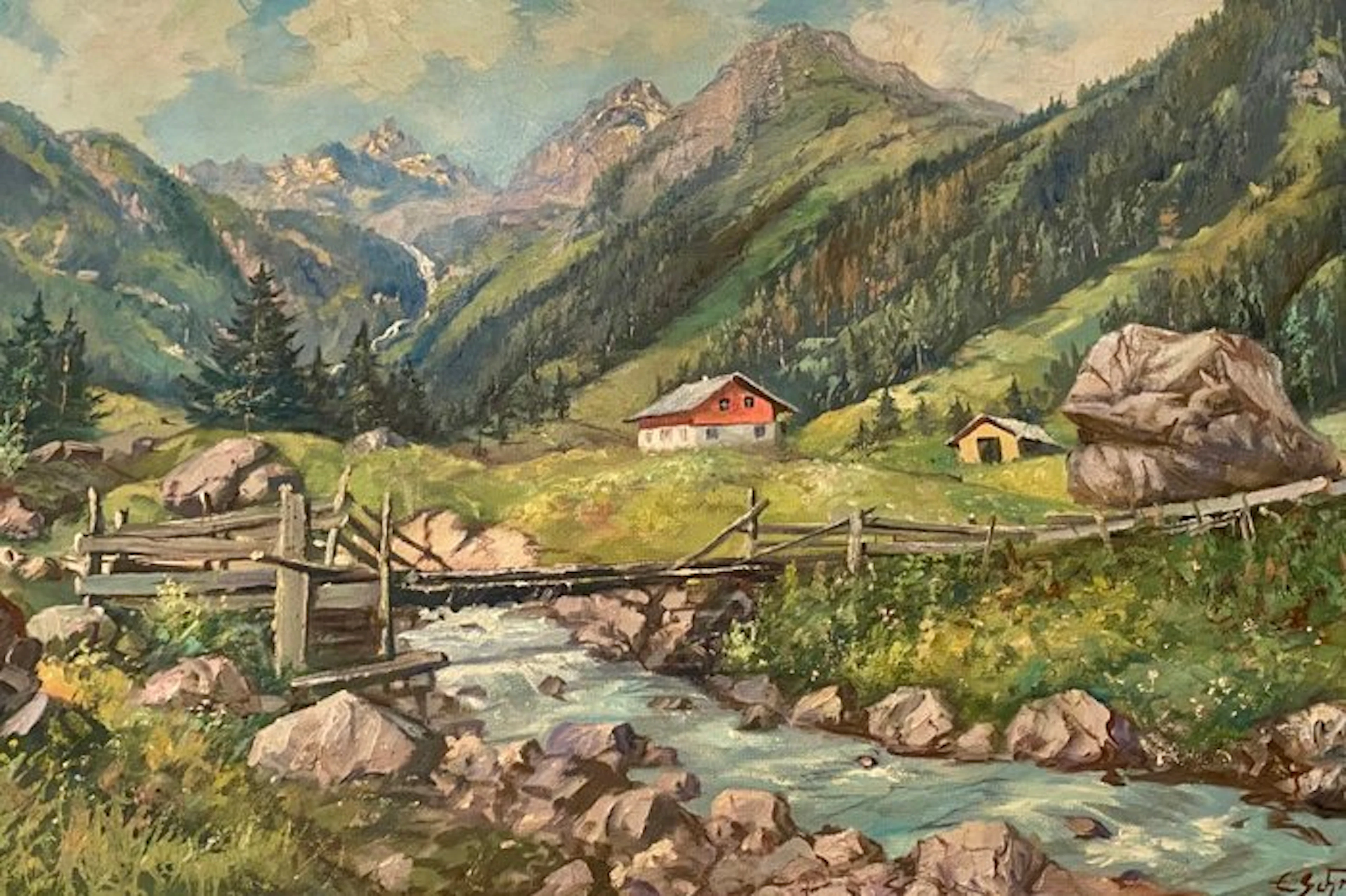 E. Szyttniuk (XX) - Grande paesaggio alpino con torrente e baite