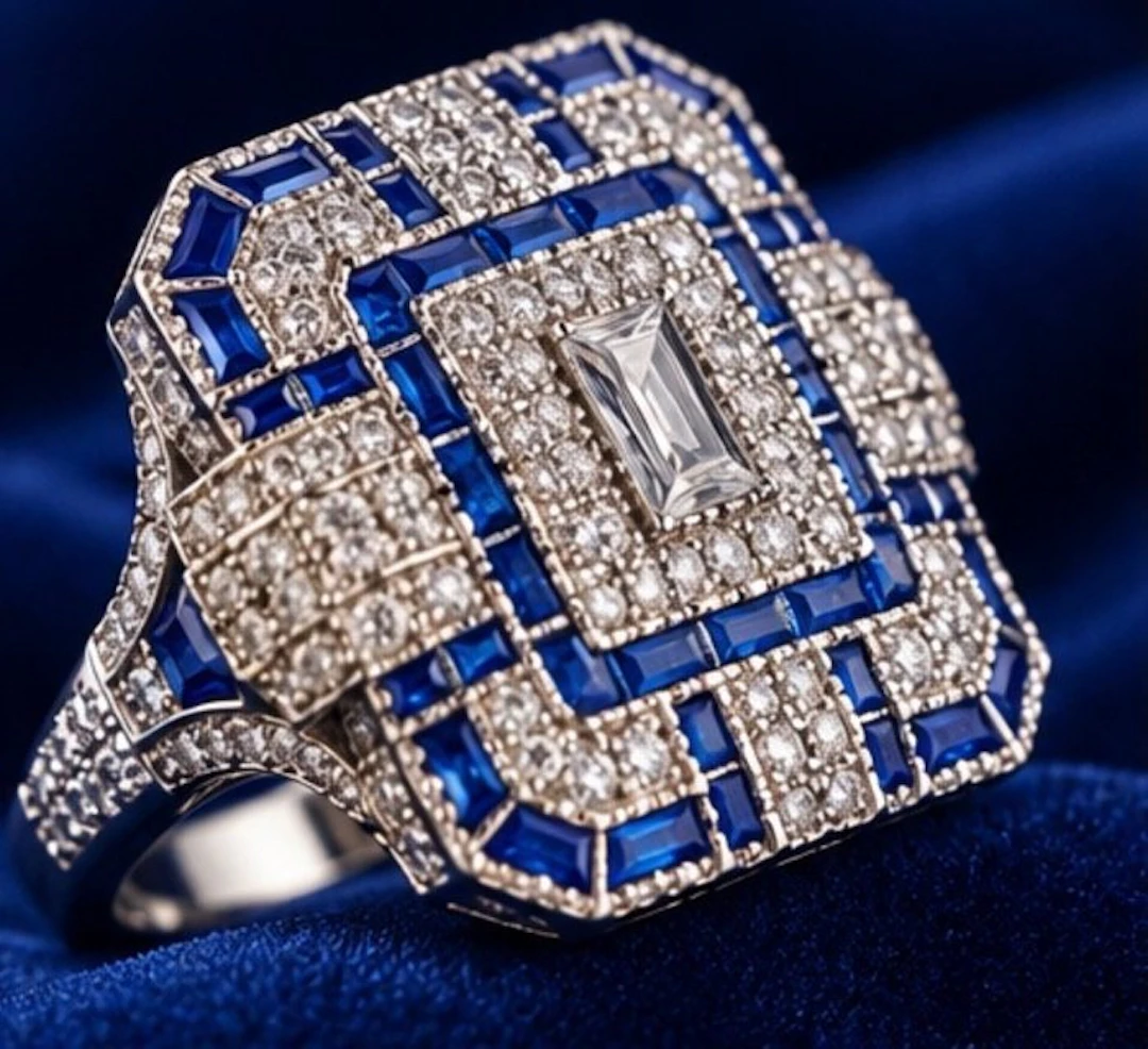 Stunning Art Deco Architectural pavè Blue & White 925 silver Ring - Ring