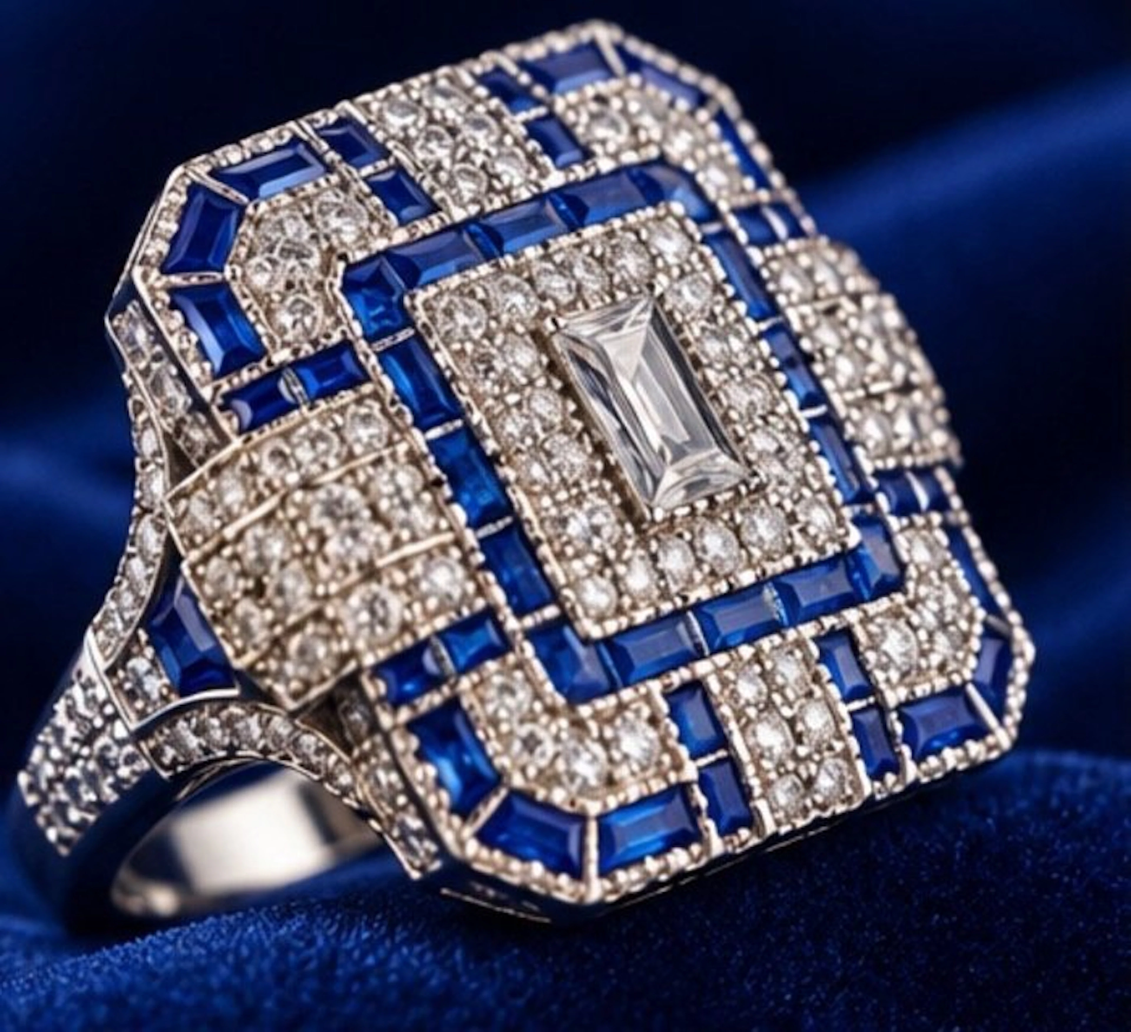Stunning Art Deco Architectural pavè Blue & White 925 silver Ring - Ring