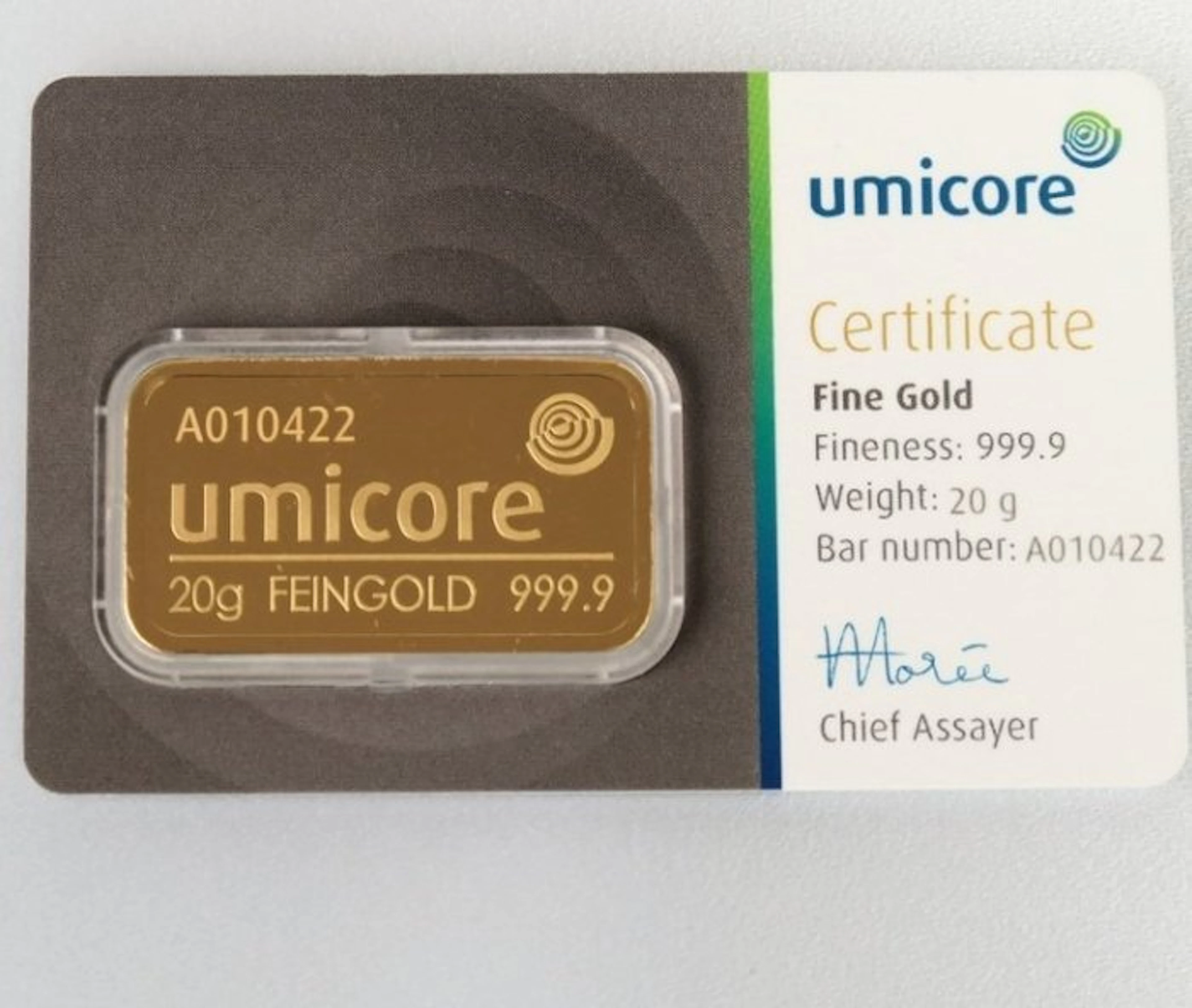 20 grams - Gold .999 - Umicore, Belgium - Sealed