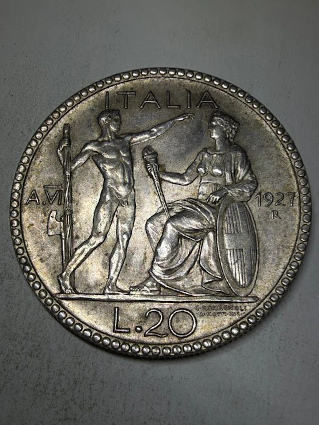 Italy, Kingdom Vittorio Emanuele III. 20 Lire 1927 "Littore"