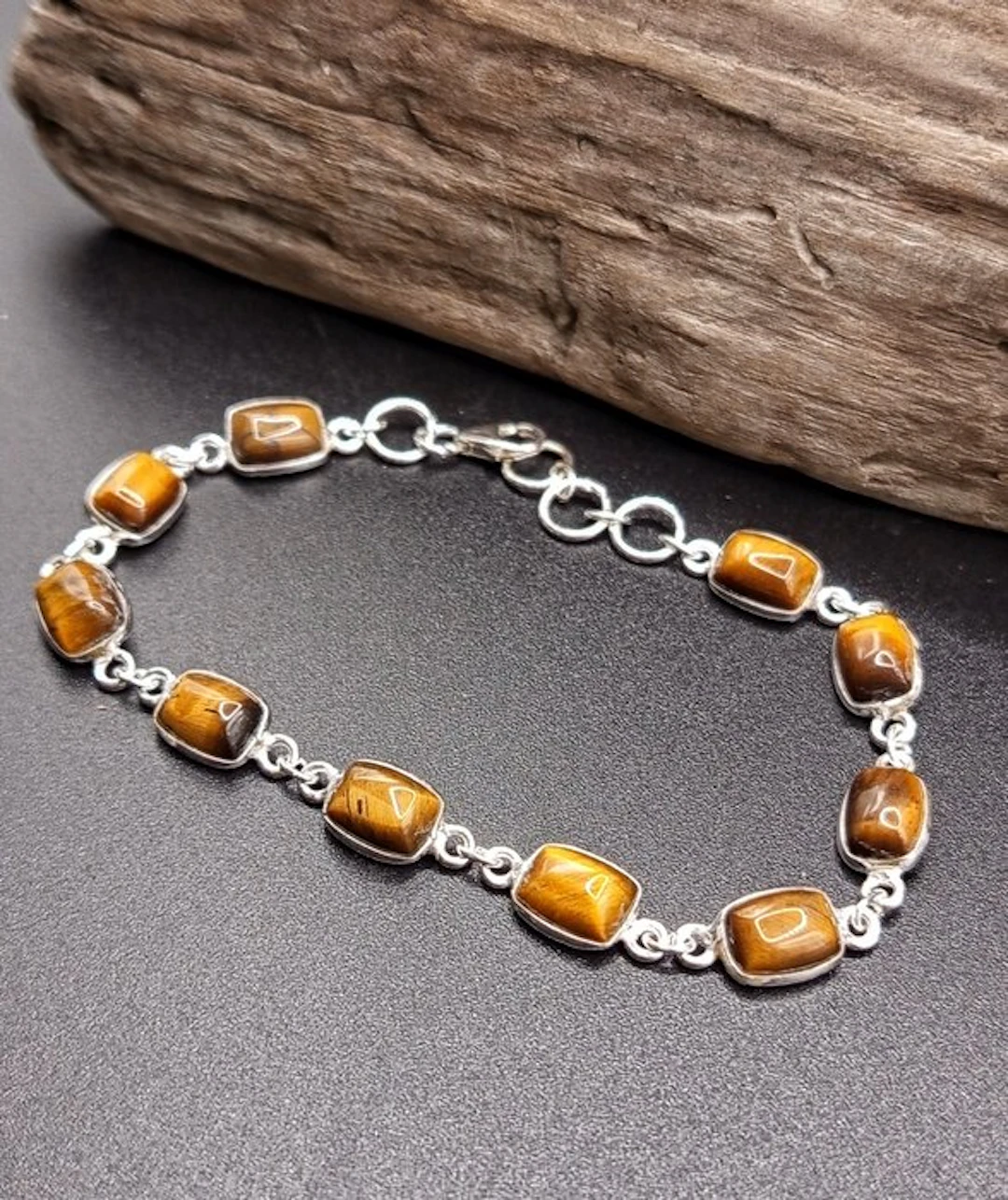 Unique Piece: 925 Silver Bracelet with Tiger's Eye - Top Quality- 6.9 g - (1)