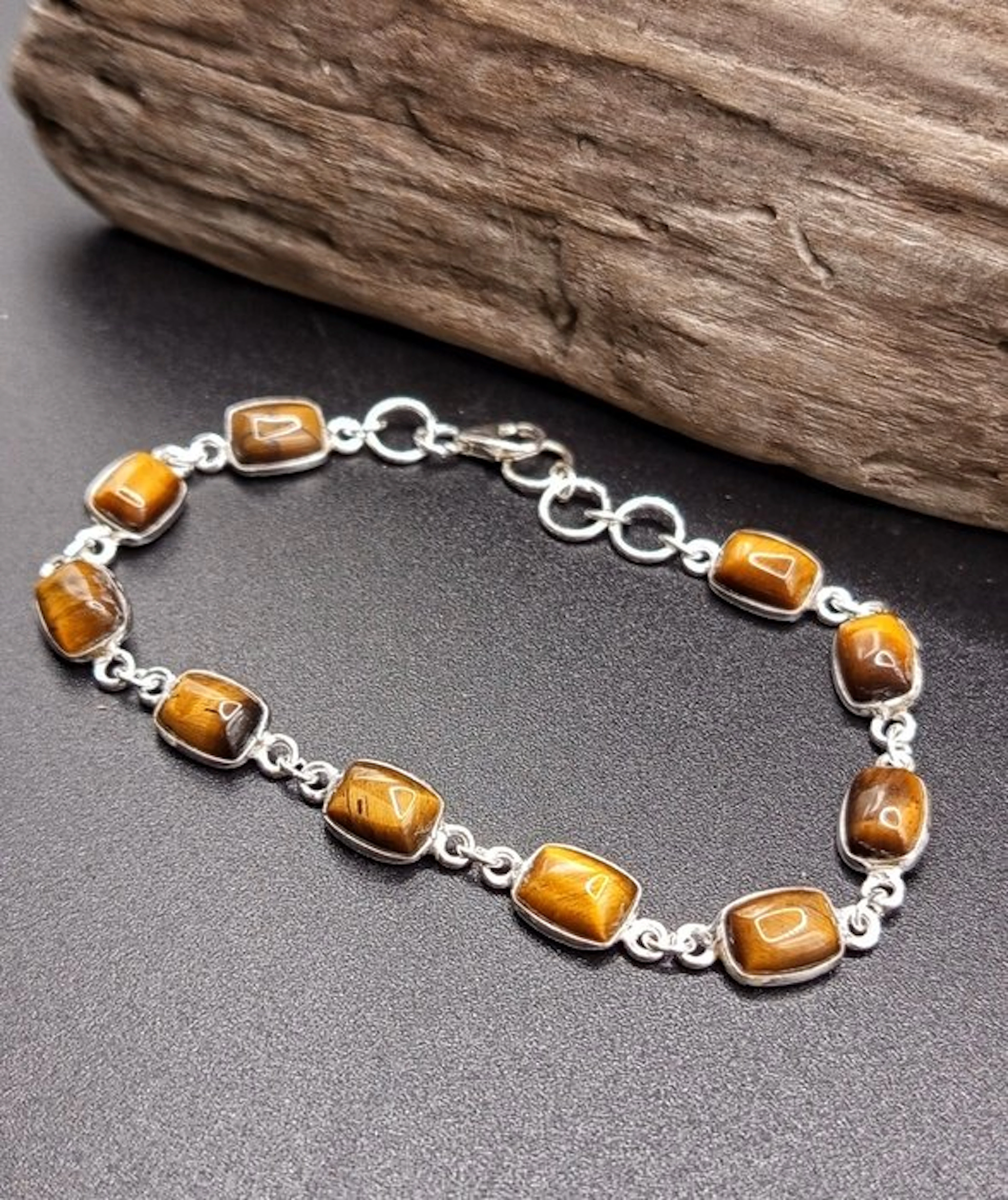 Unique Piece: 925 Silver Bracelet with Tiger's Eye - Top Quality- 6.9 g - (1)