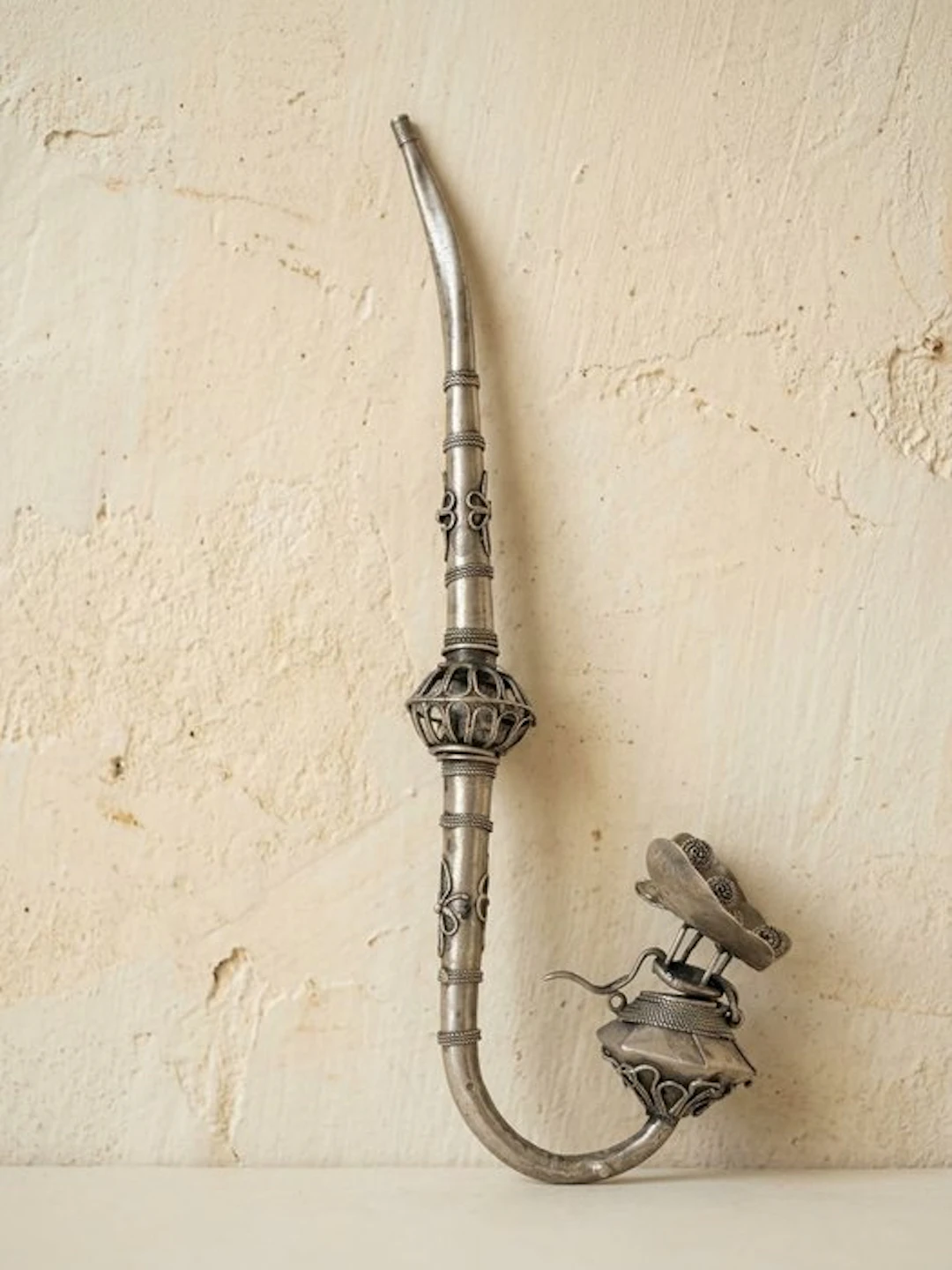 Pipe à opium traditionnelle en paktong et filigrane –...