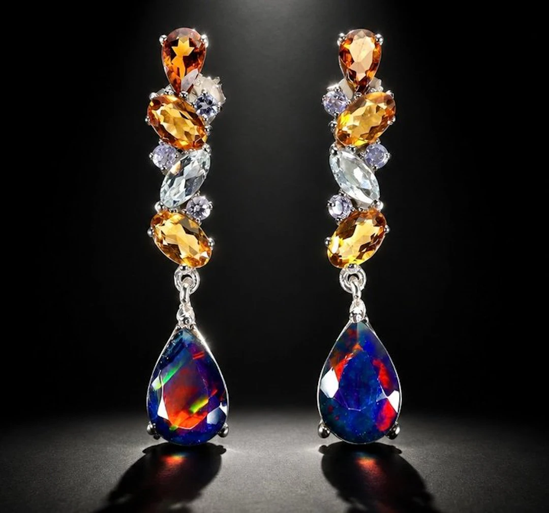 No reserve price - Earrings 925 silver, black opal, citrine, Tanzanite