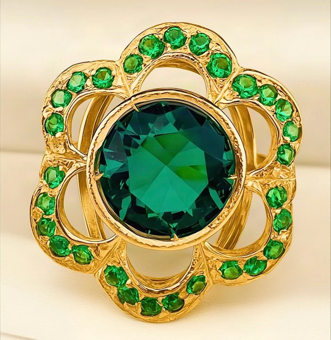 No reserve price - Ring - 9 kt. Yellow gold, Silver Emerald - Emerald