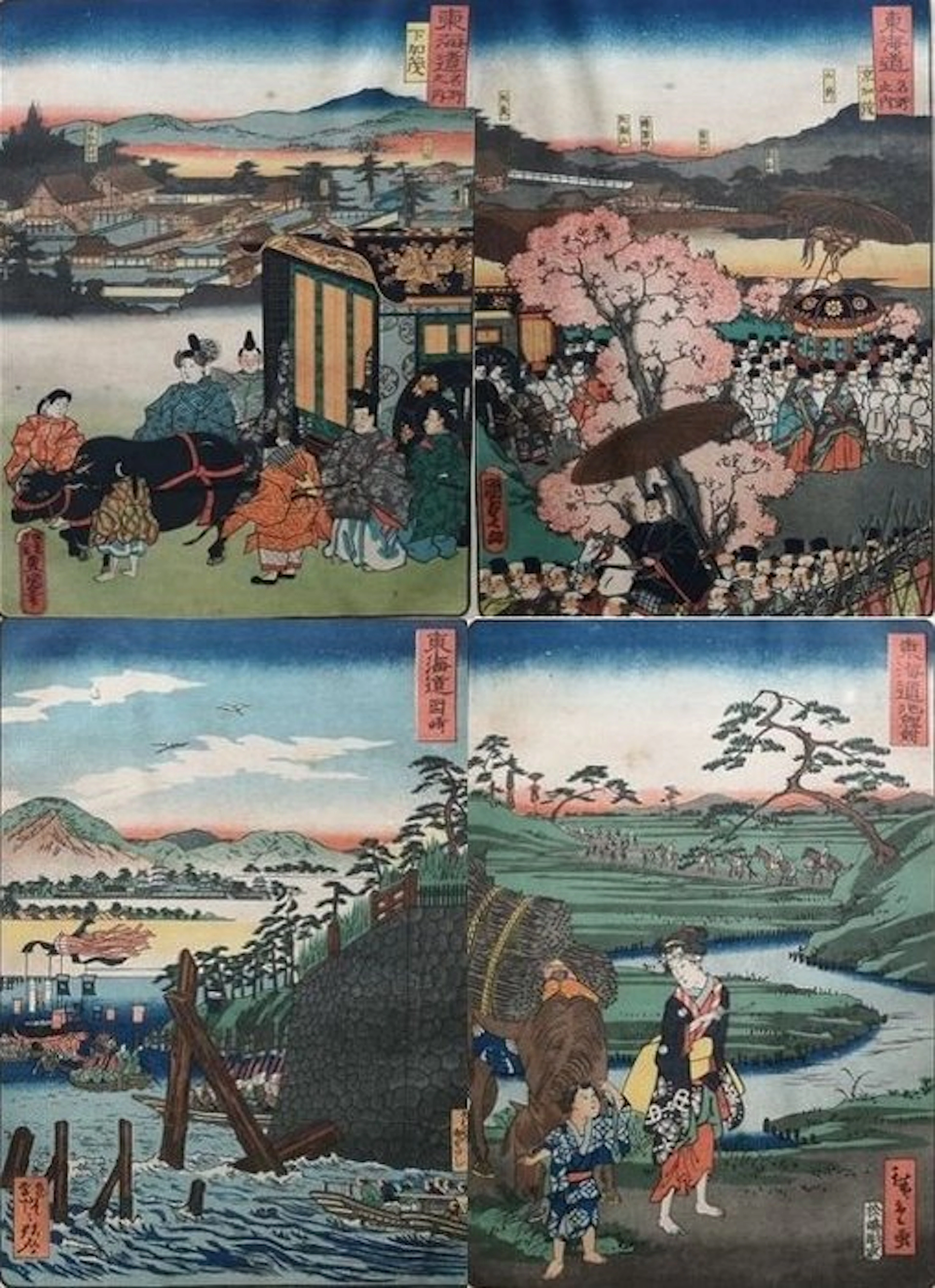 "Hiroshige Toyokuni meiga hyakushu Daimyō dōchū hyōri"...