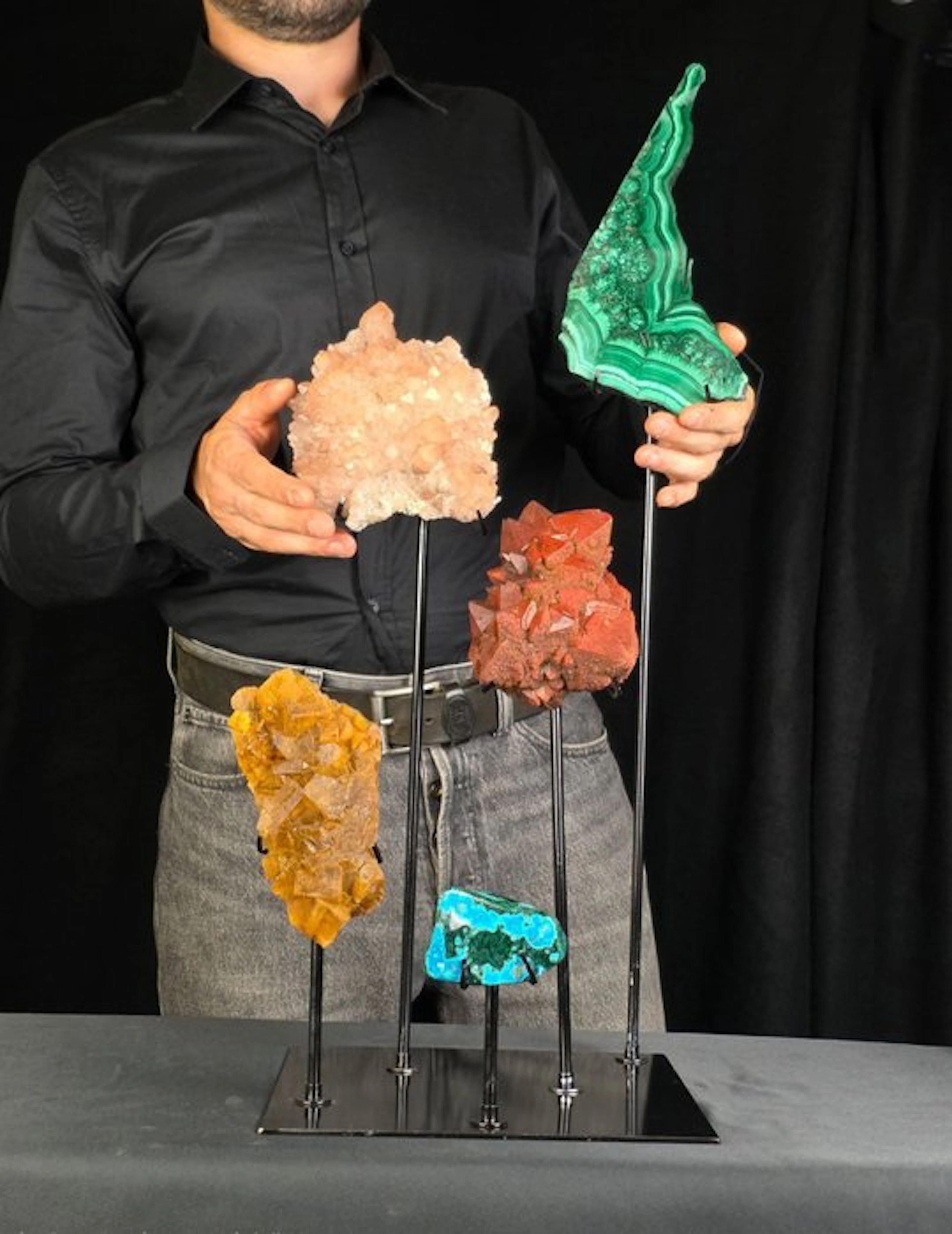 Exquisite Five-Specimen Mineral Display on Custom Stand...