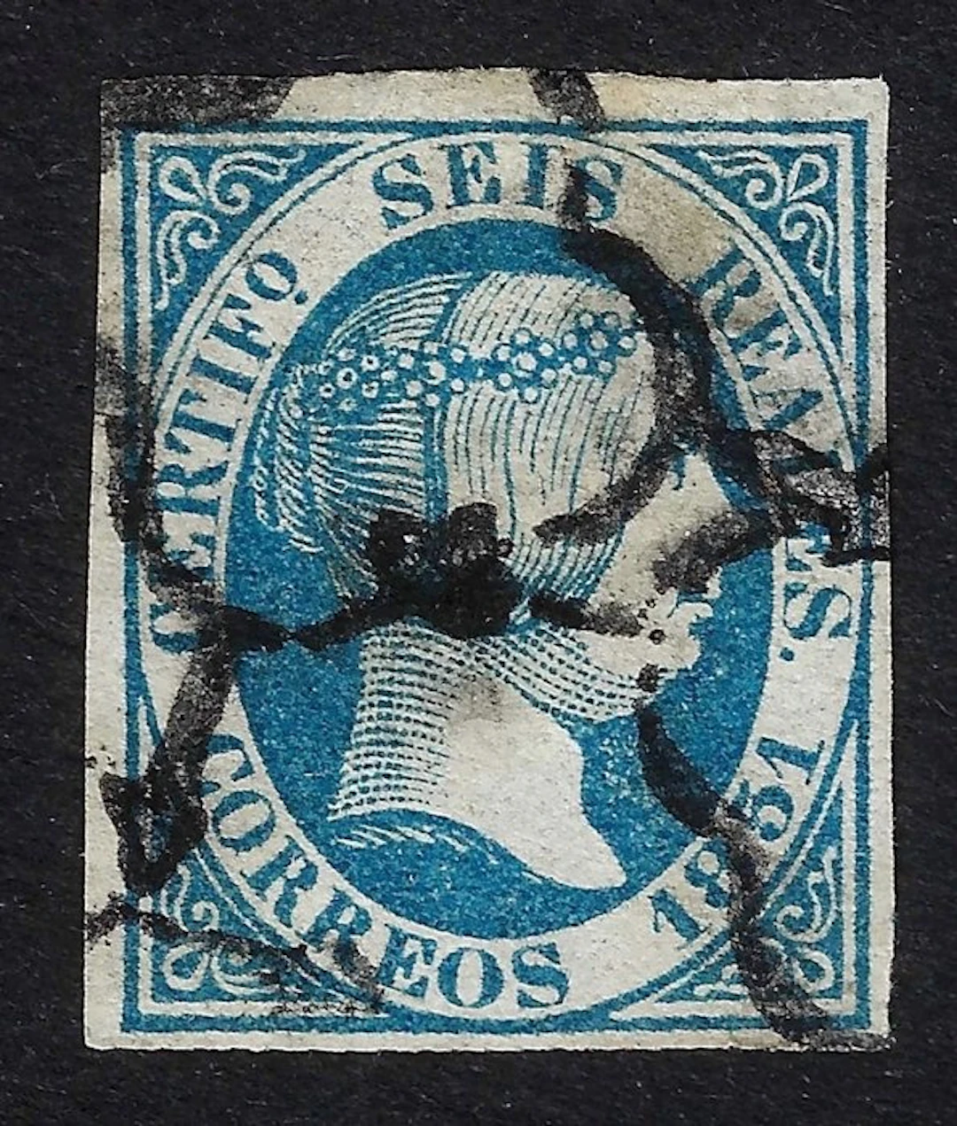 Spain 1851 - Isabel II 6r Azul - Certificado Roumet - Edifil Nº 10