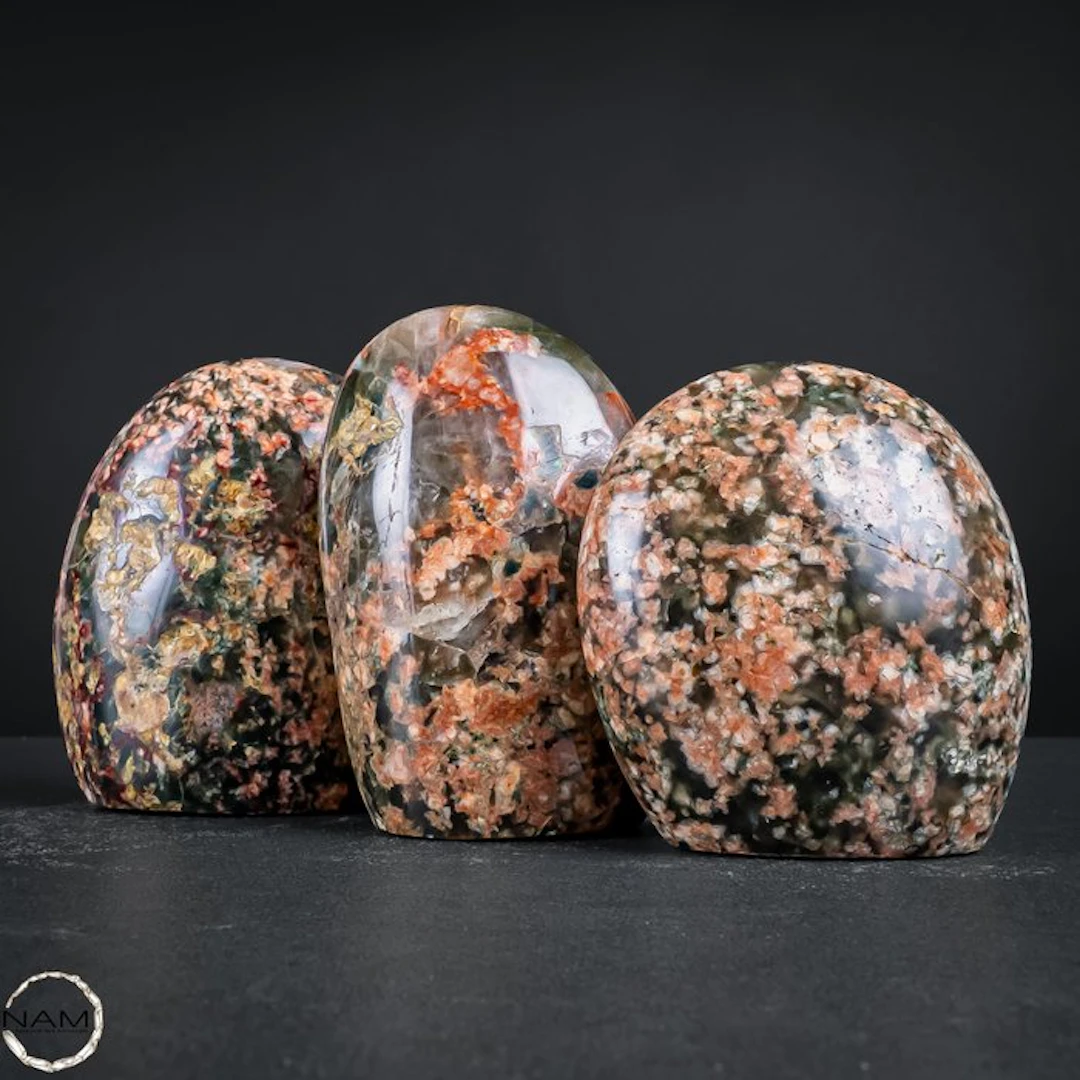 Green Flower Agate Freeforms – An expressive trio with...