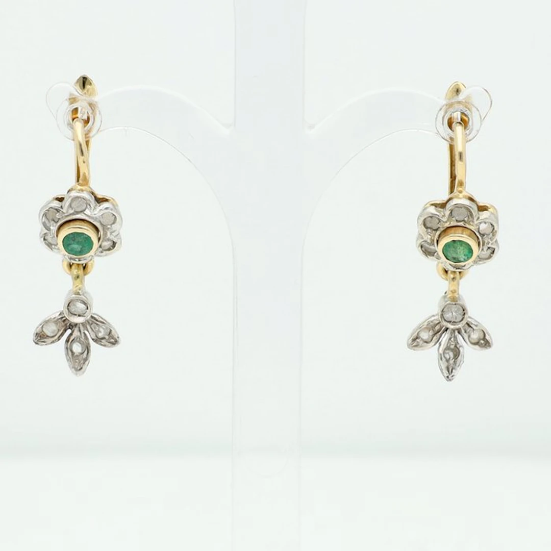 Earrings - 14 kt. Yellow gold, White gold - Diamond - Emerald