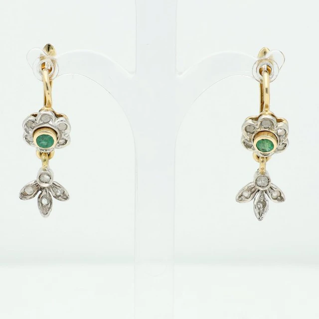 Earrings - 14 kt. Yellow gold, White gold - Diamond - Emerald