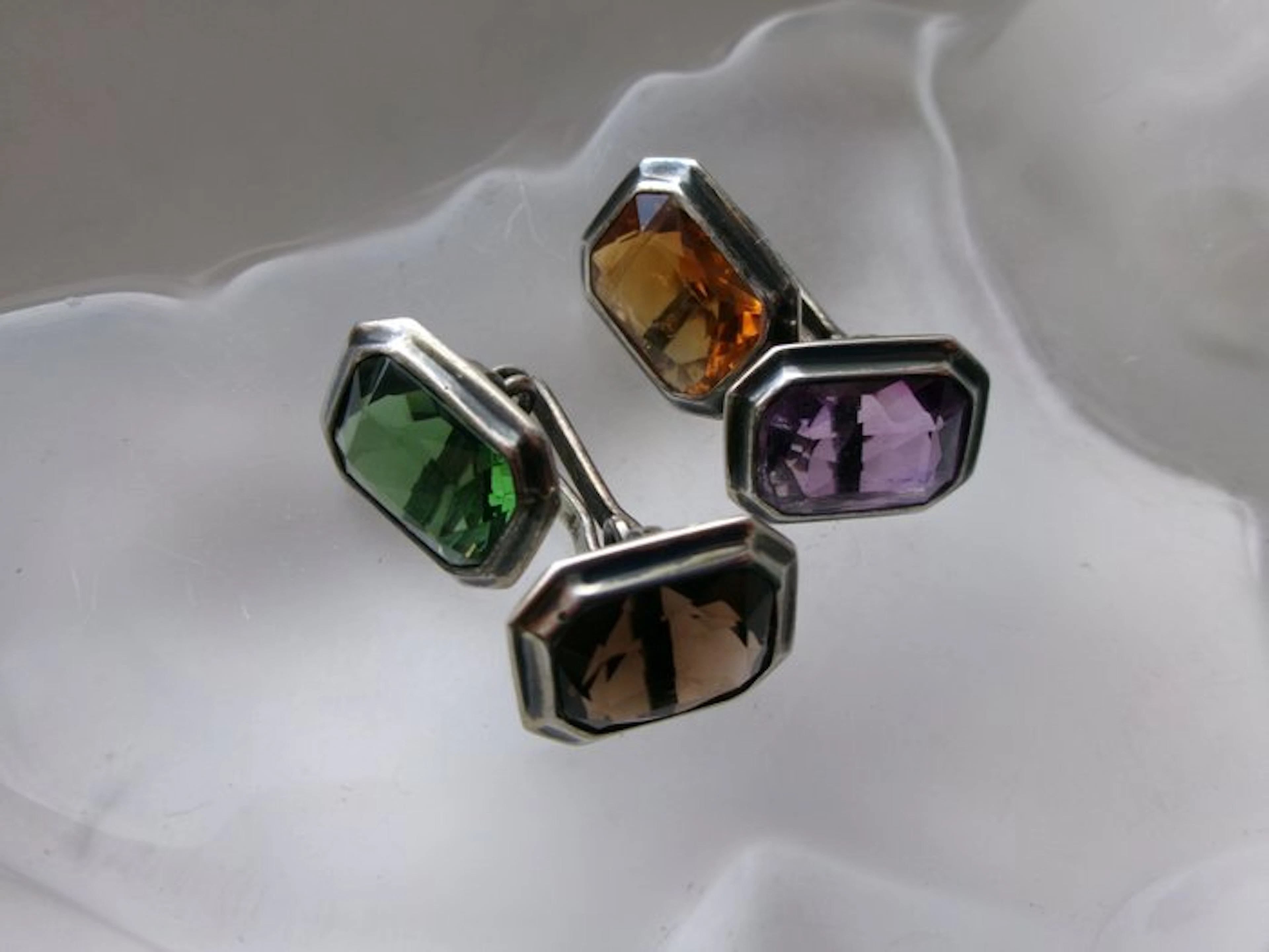 Silver, Amethyst - Citrine - Smokey Quartz - Cufflinks - Art Deco Double-Faced