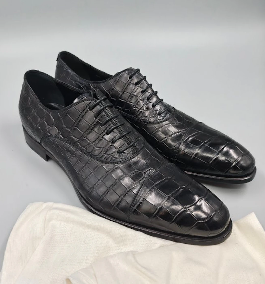 Dami-Crocodile- Black Oxfords-Toe Cap - Lace-up shoes - Size: EU 46