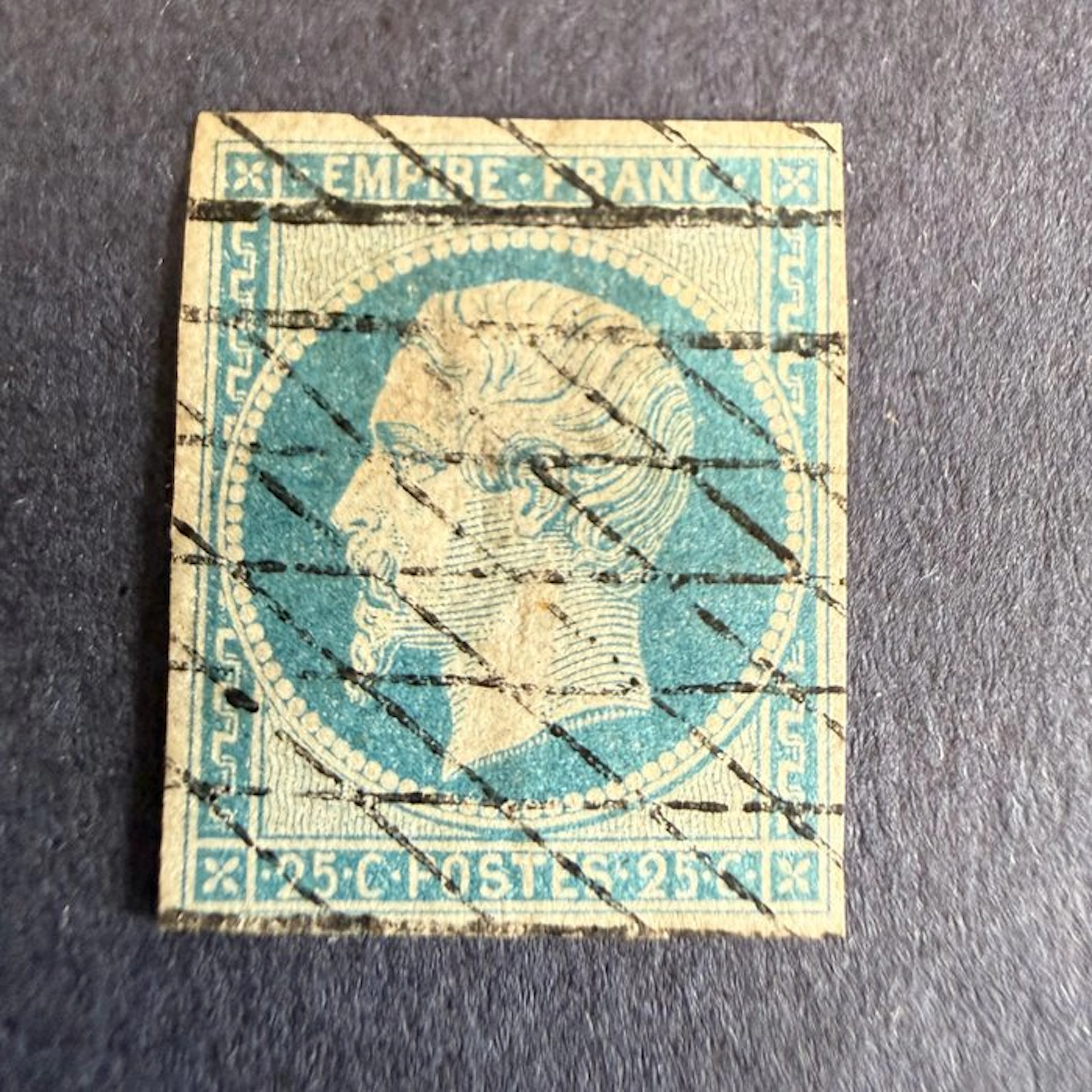 France - Yvert 15 "Napoléon 25c blue" cancelled with an endless grid