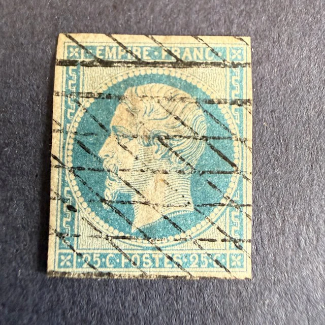 France - Yvert 15 "Napoléon 25c blue" cancelled with an endless grid