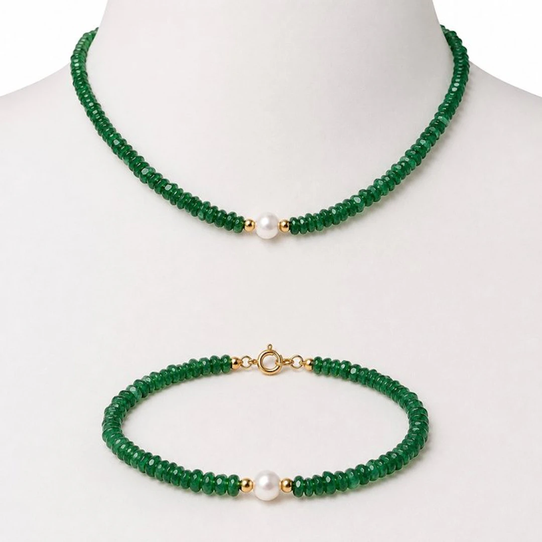 Necklace - 18 kt. Yellow gold Emerald - Pearl