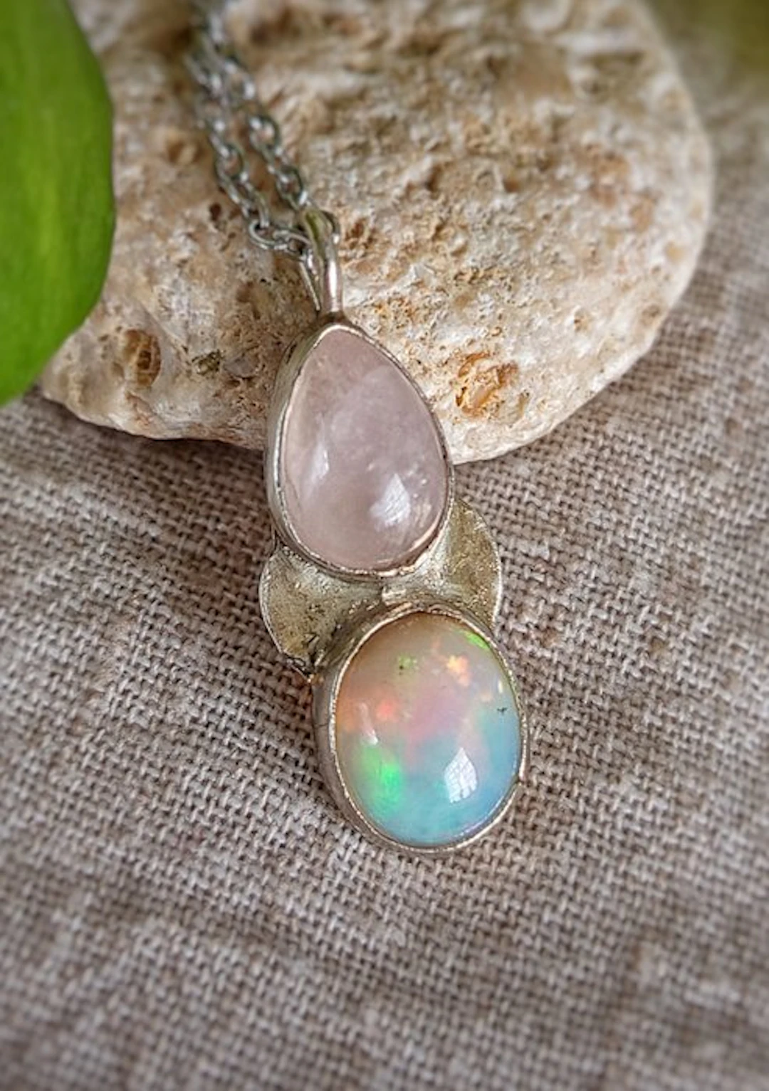 "Sakura" handmade jewelry in 925 silver with pink quartz and top-quality opal