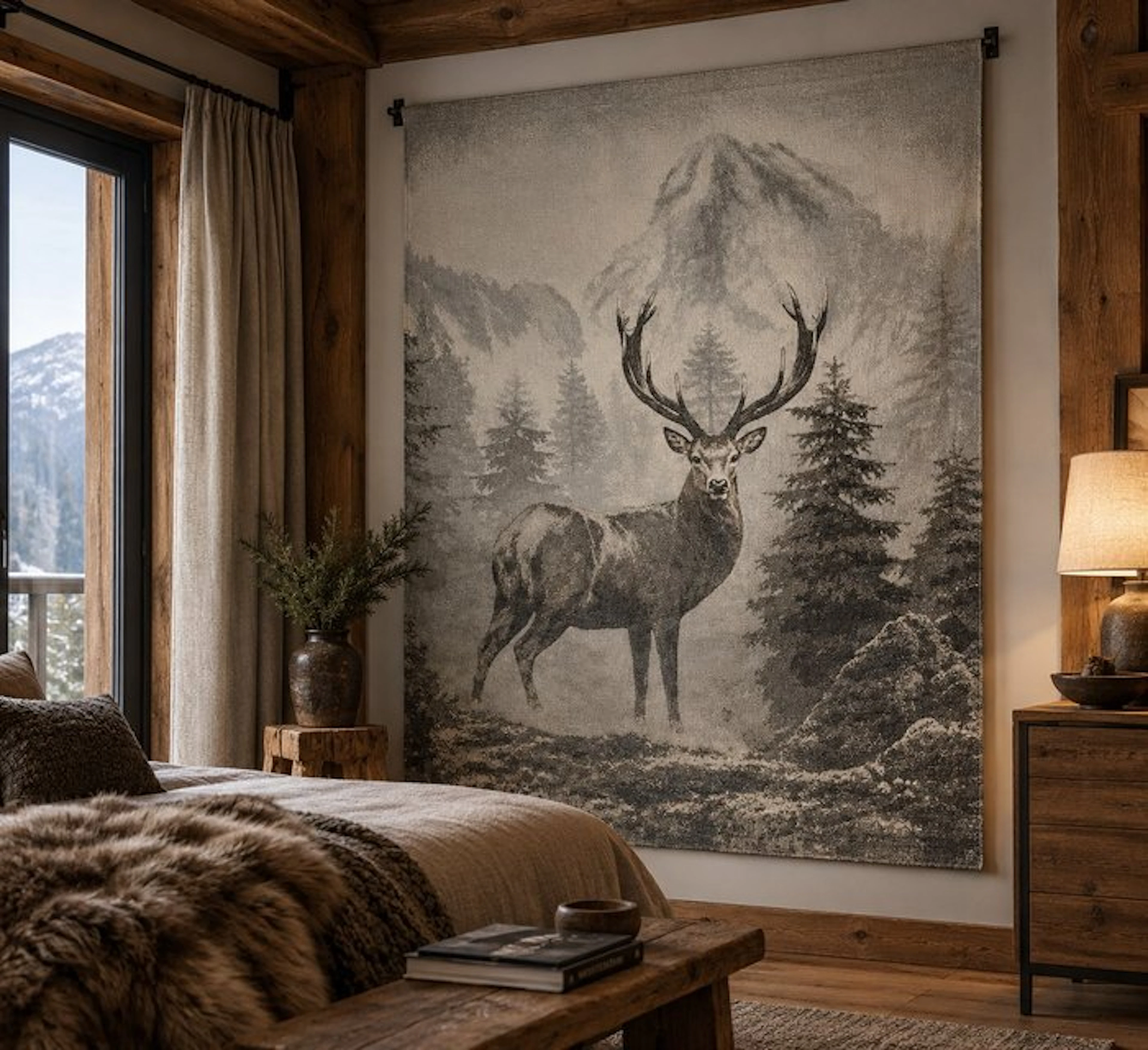Alpaca Jacquard tapestry "Majestic Stag" Mountain...