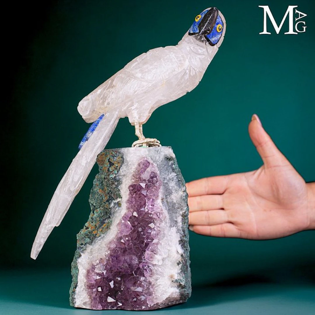 Artfully Carved Clear Quartz Macaw Exquisitely Sculpted...