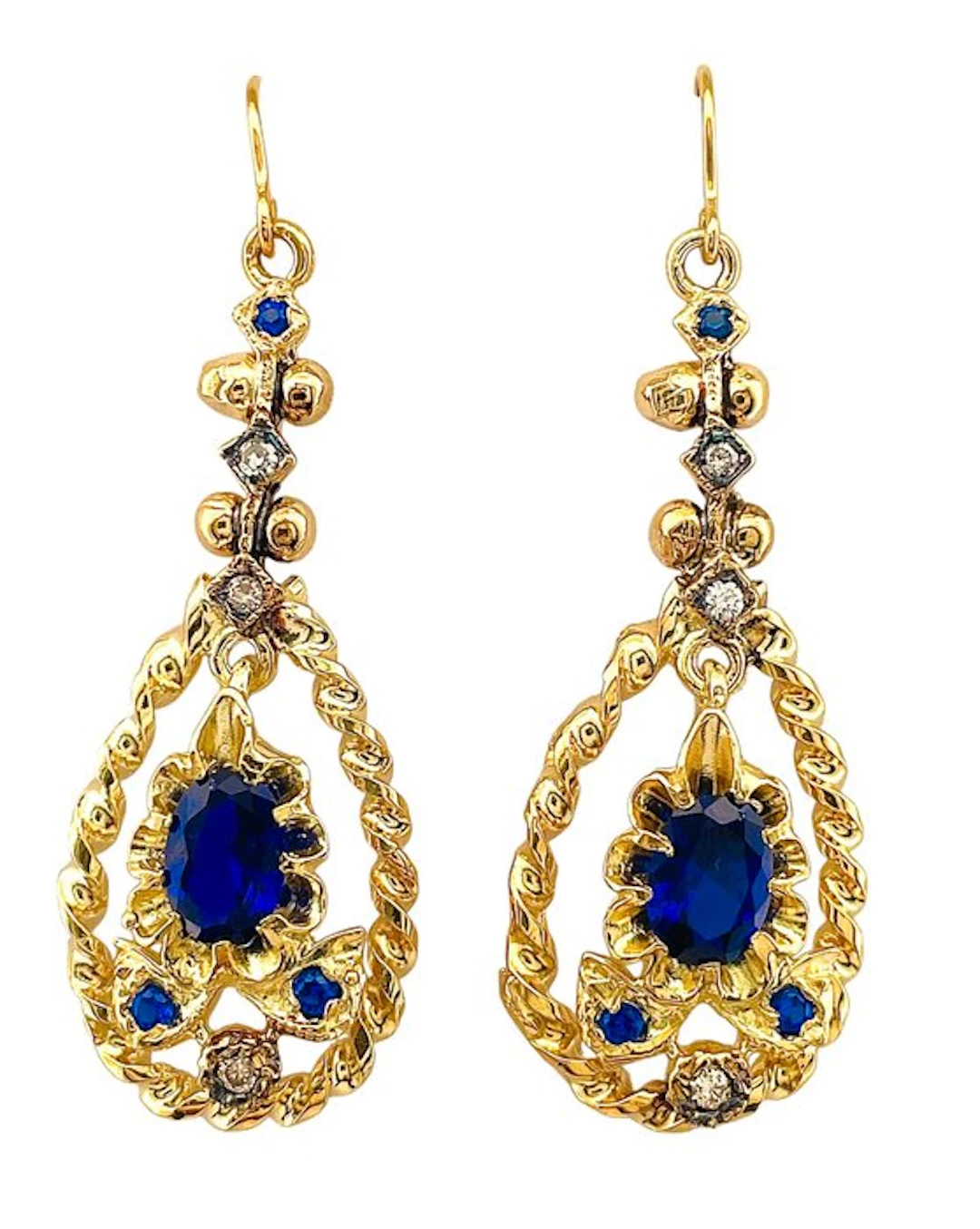 No reserve price - Earrings - 9 kt. Yellow gold, Silver Sapphire - Diamond