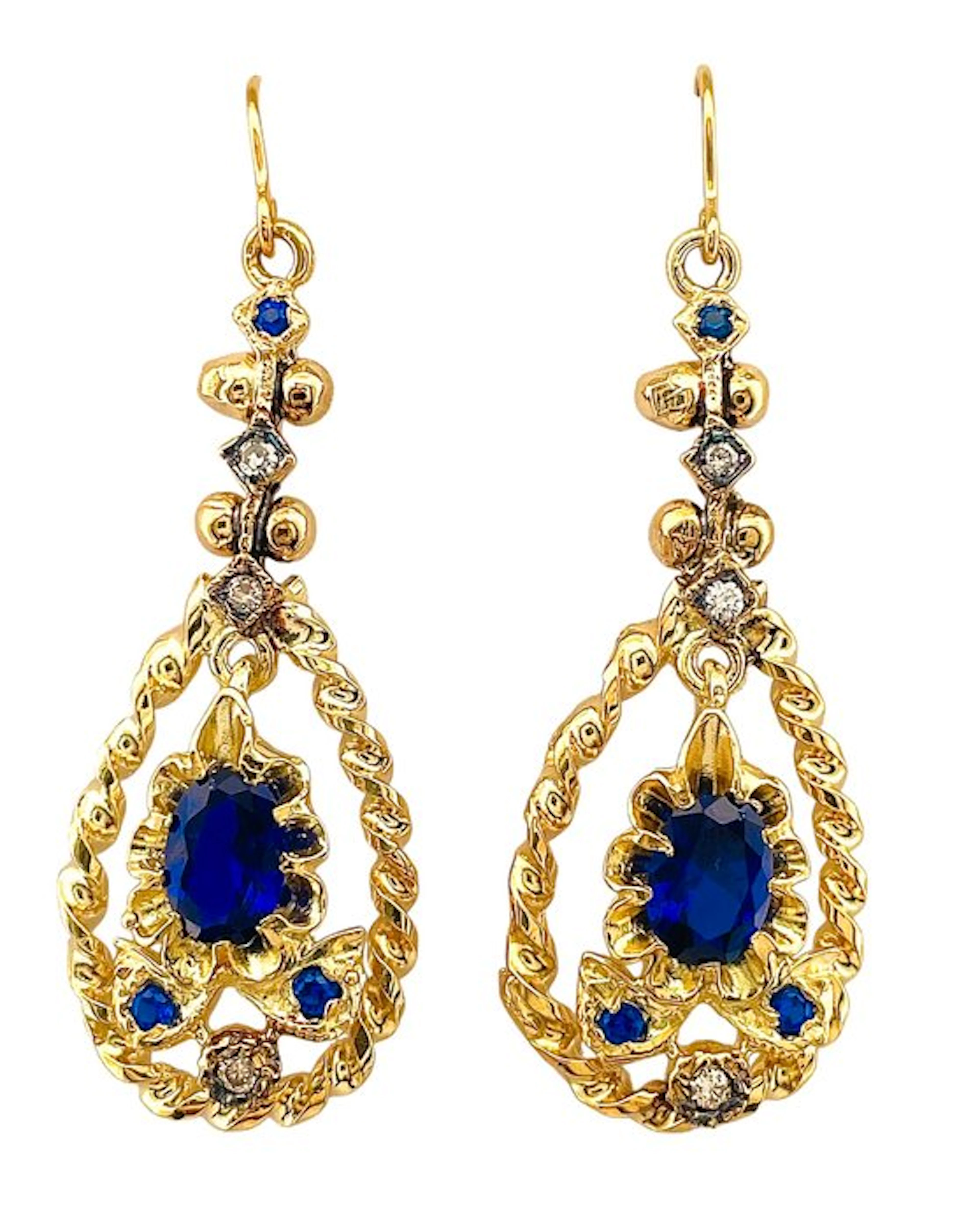 No reserve price - Earrings - 9 kt. Yellow gold, Silver Sapphire - Diamond