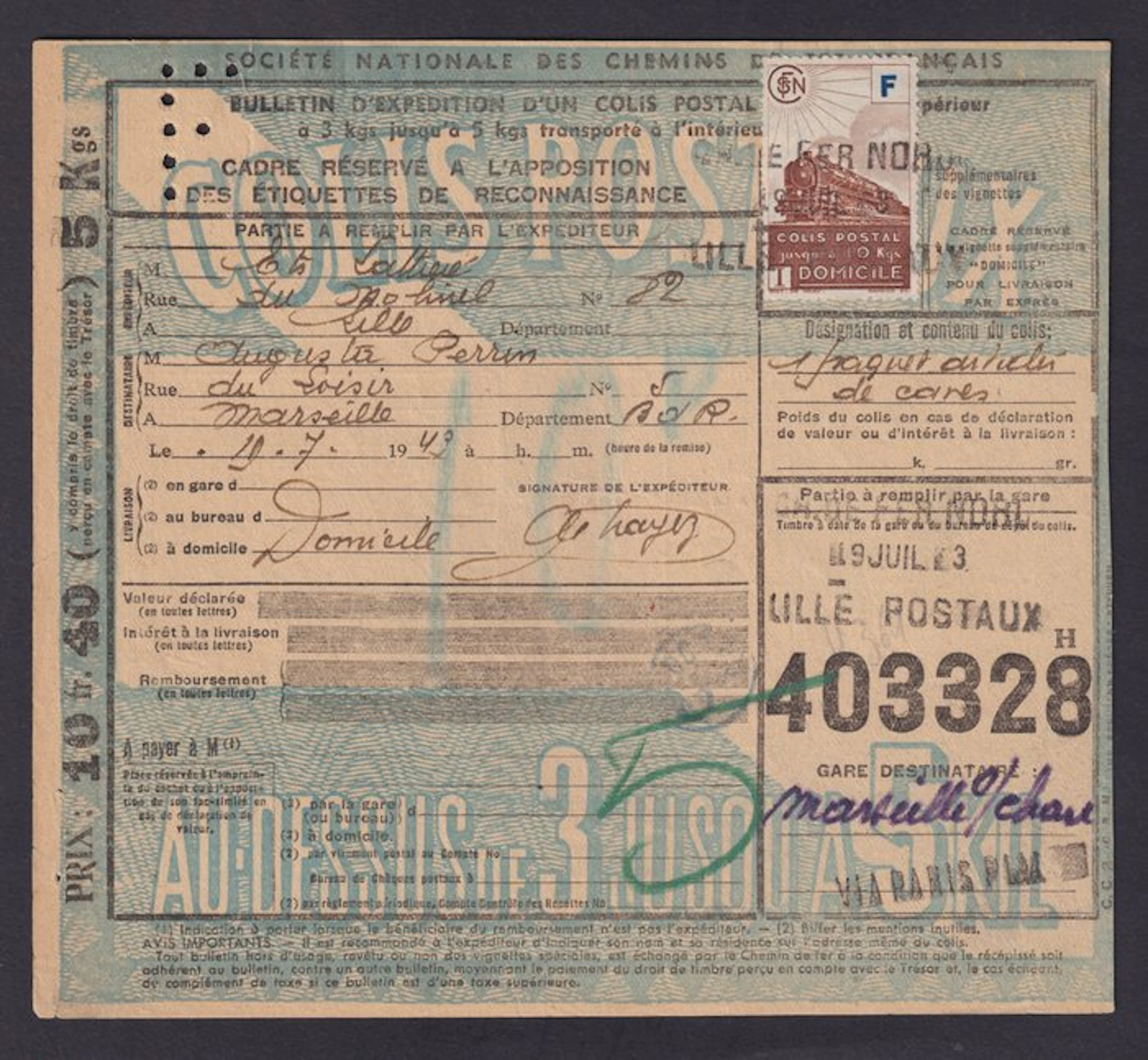 France 1943 - Postal parcel shipping form