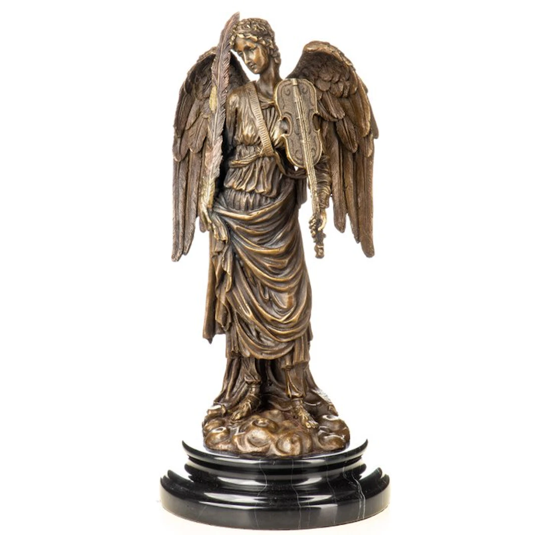 Figure - Bronzefigur Engel mit Violine und Feder - 32 cm - Bronze, Marble