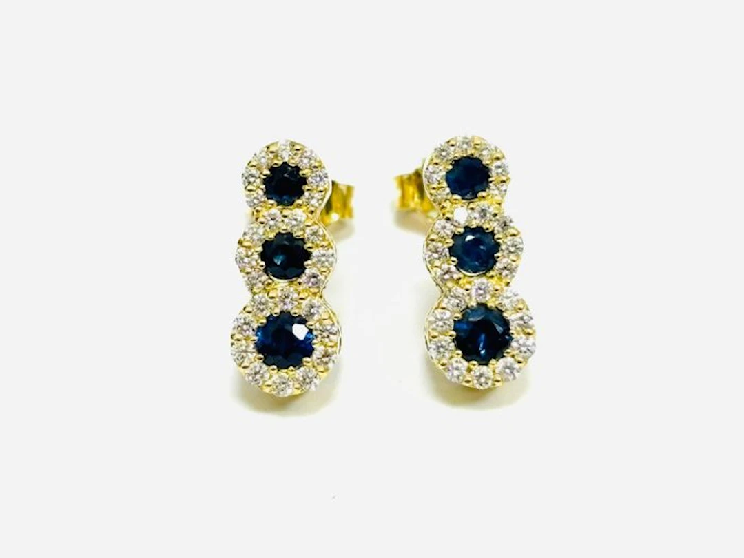 Earrings - 18 kt. Yellow gold - 2.85ct. tw. Sapphire - Diamond - Made in Italy