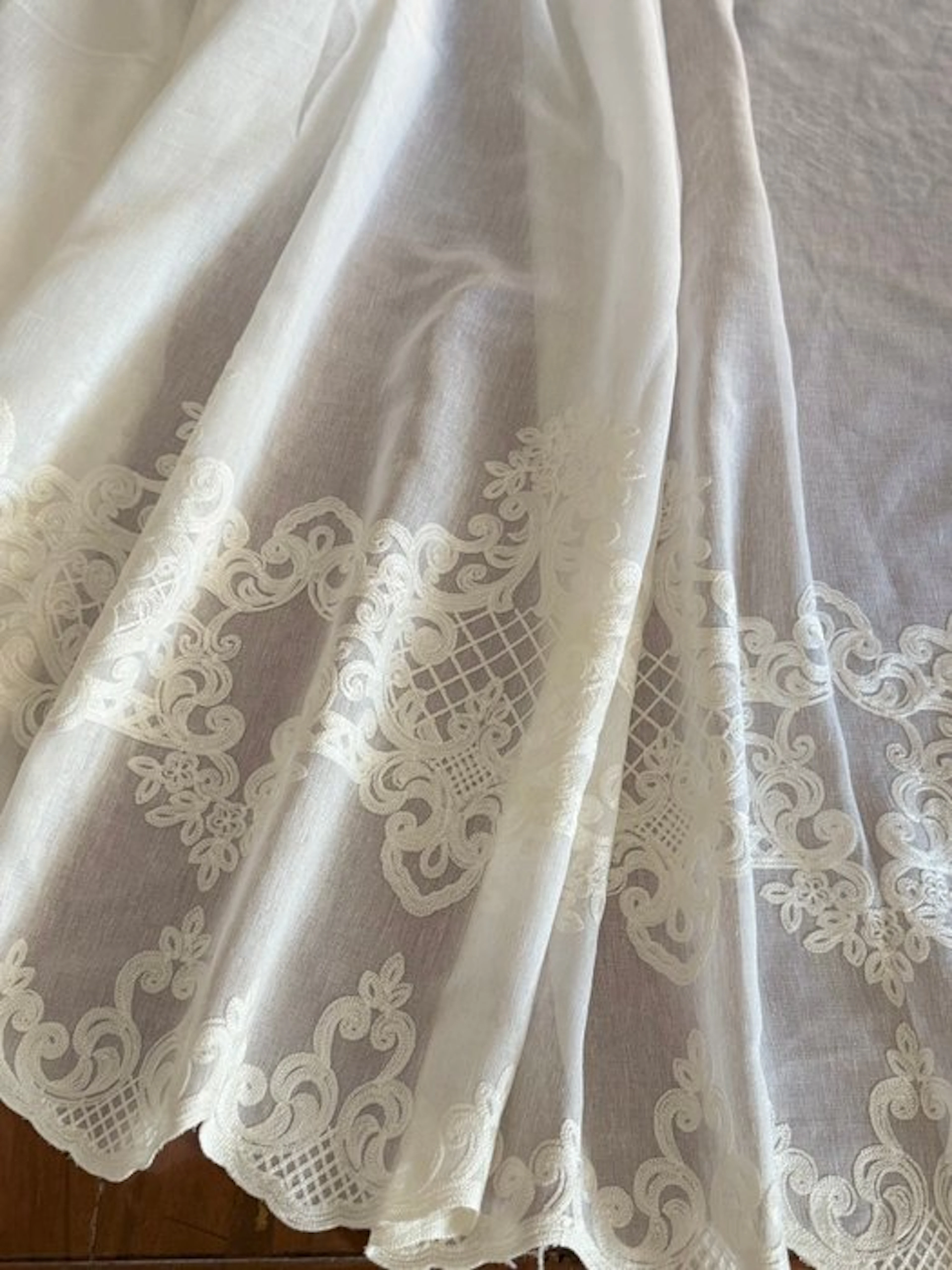 Elaborate linen-blend tulle fabric with raised embroidery...