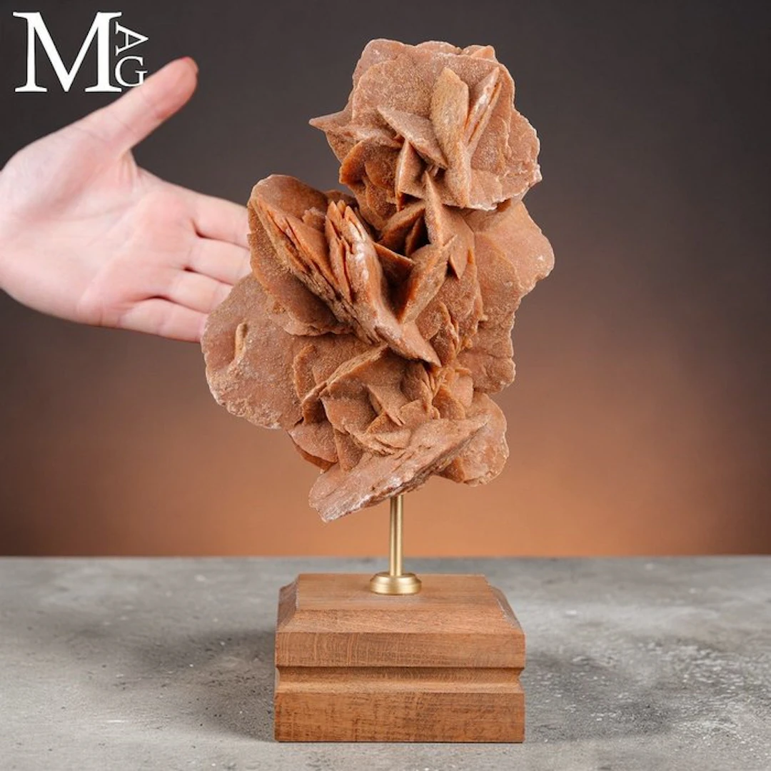 Sculptural Desert Rose on Wood and Brass Base - Intricate...