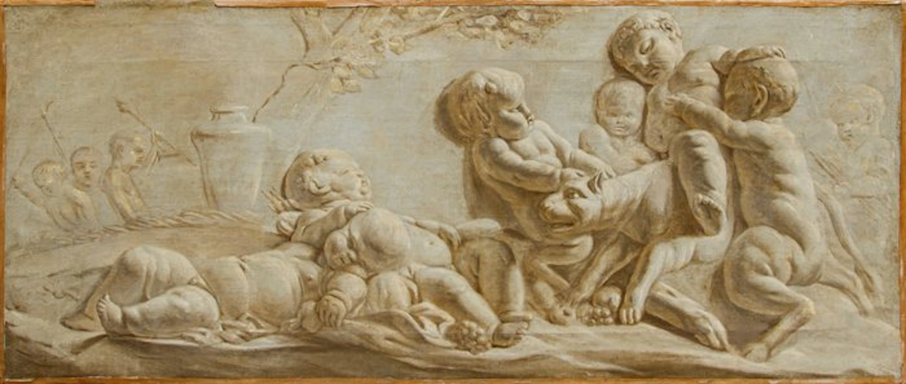 French school (XVIII) - Trompe l'oeuil di un bassorilievo in marmo con putti