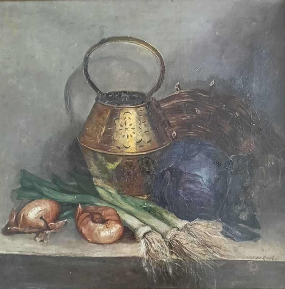 Suze de Lint (1878-1953) - Stilleven met koperen ketel, uien en prei