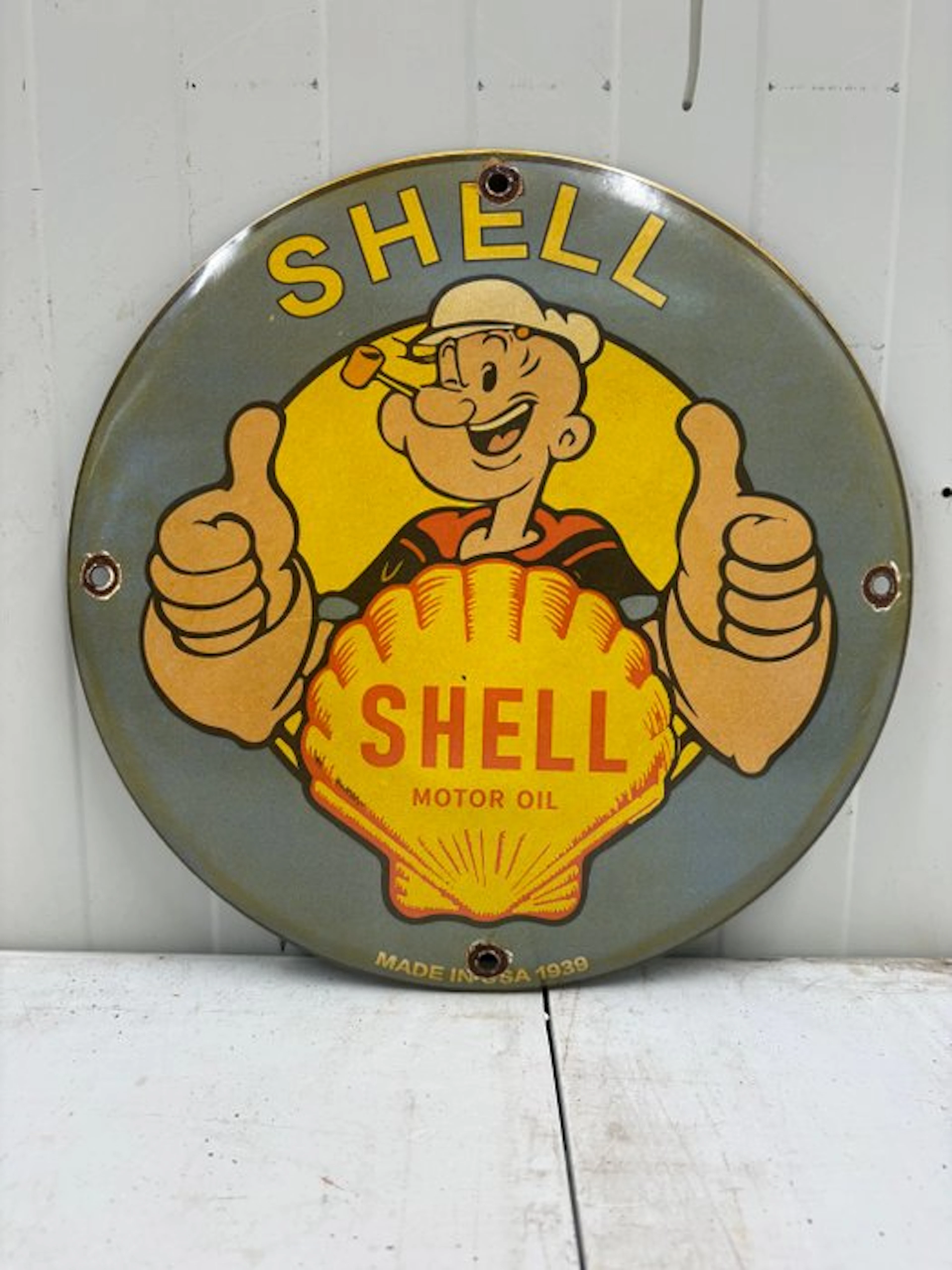 Popeye – Shell Motor Oil – Rond Emaille Reclamebord - Enamel sign - Enamel