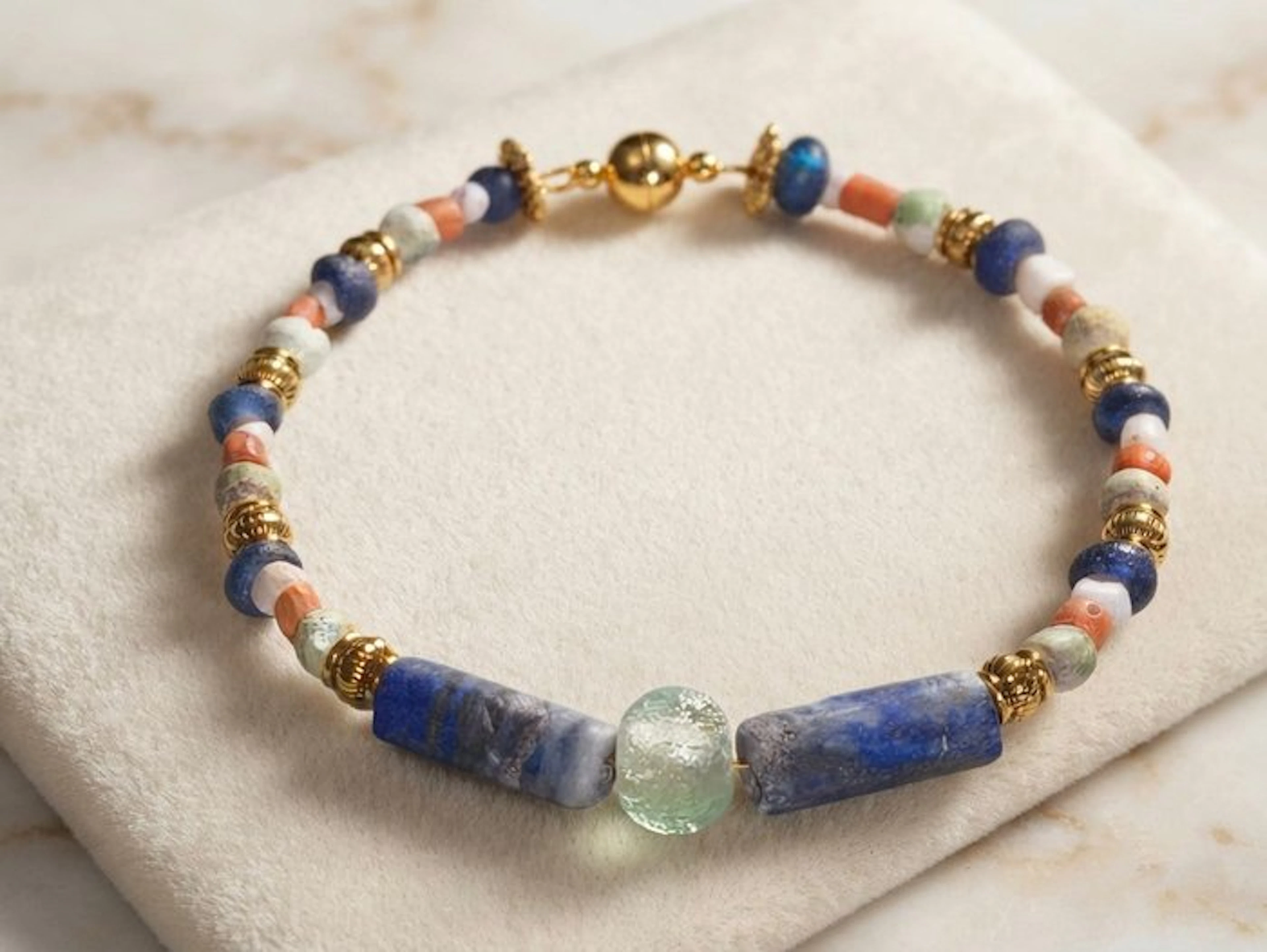 Ancient Egyptian Gold-plated Bead bracelet - Lapis lazuli-pyrite/coral