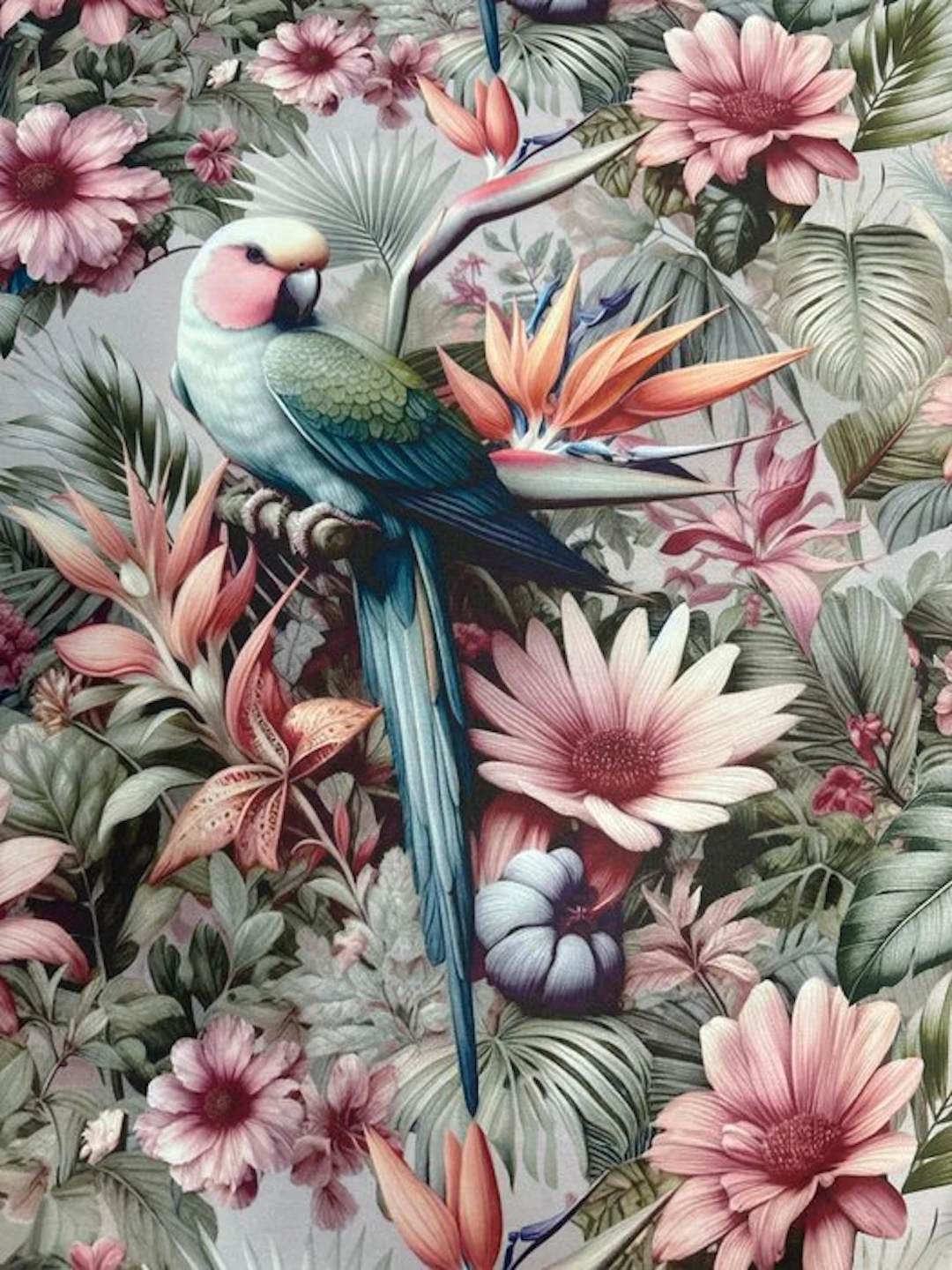 Soft cotton upholstery and drapery fabric with a tropical...