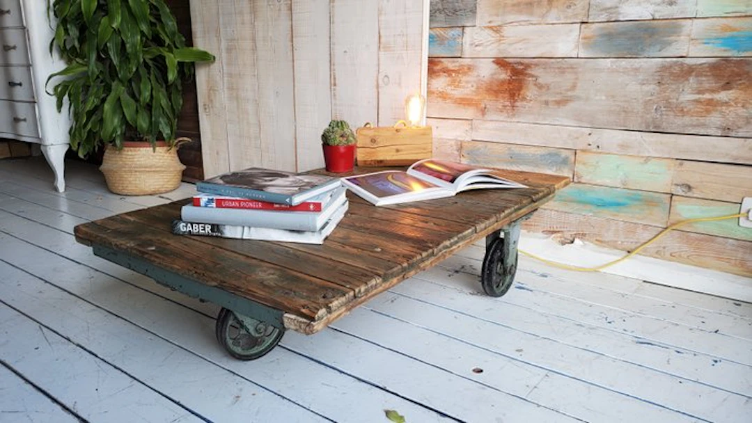 Coffee table - Iron, Wood - Industrial Trolley Coffee table