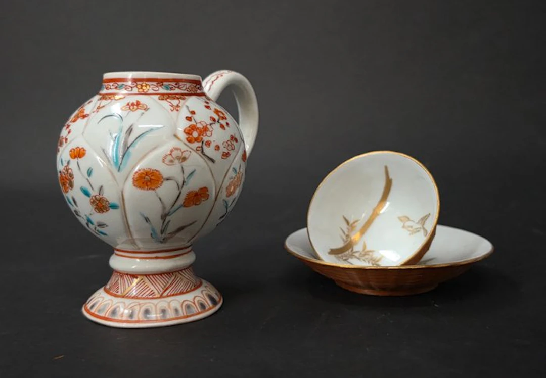 Cup and saucer - Porcelain, Bamboo - Little mustard pot
