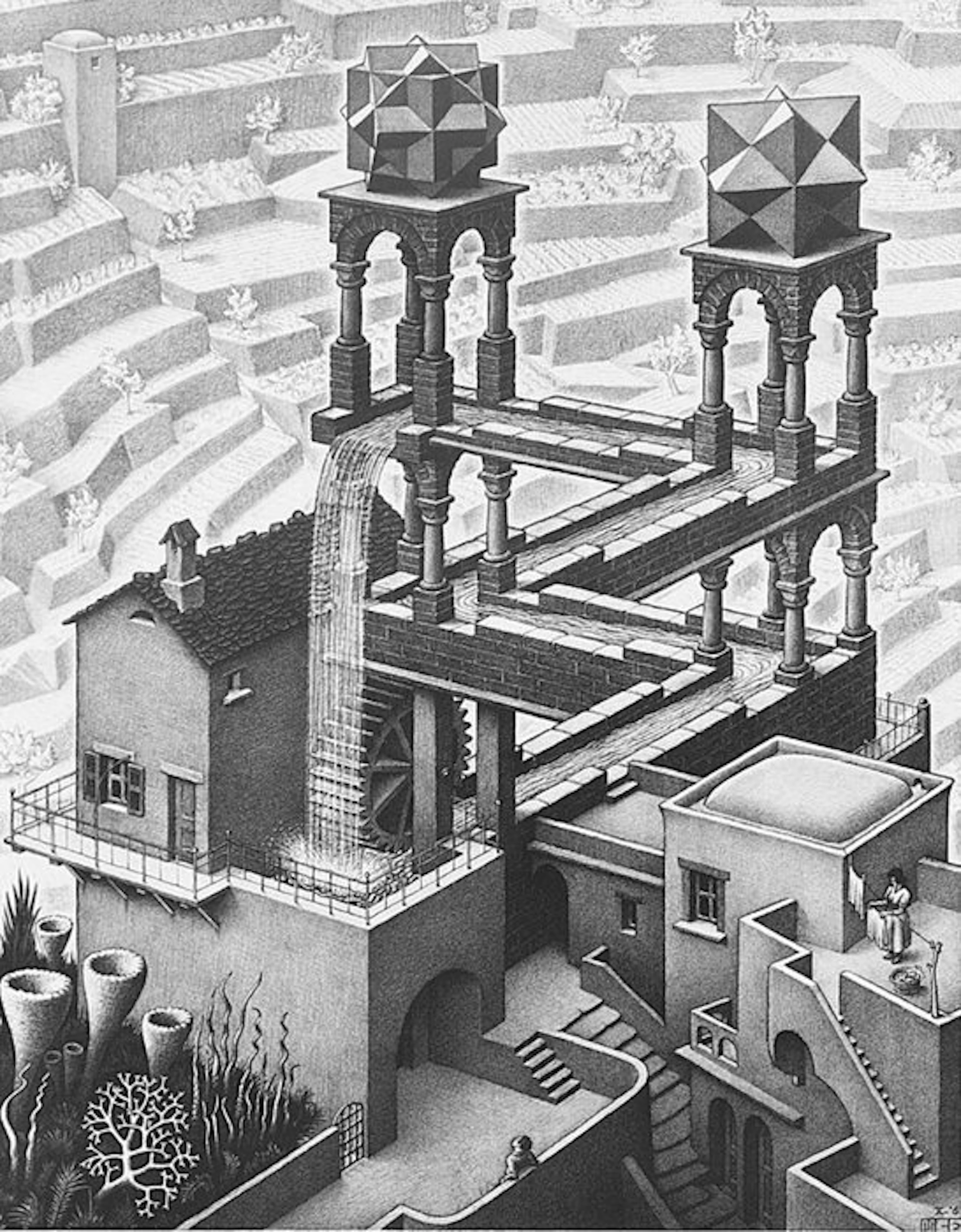 M.C. Escher - “WATERFALL, 1961”. Gesigneerd en gedateerd in de plaat.