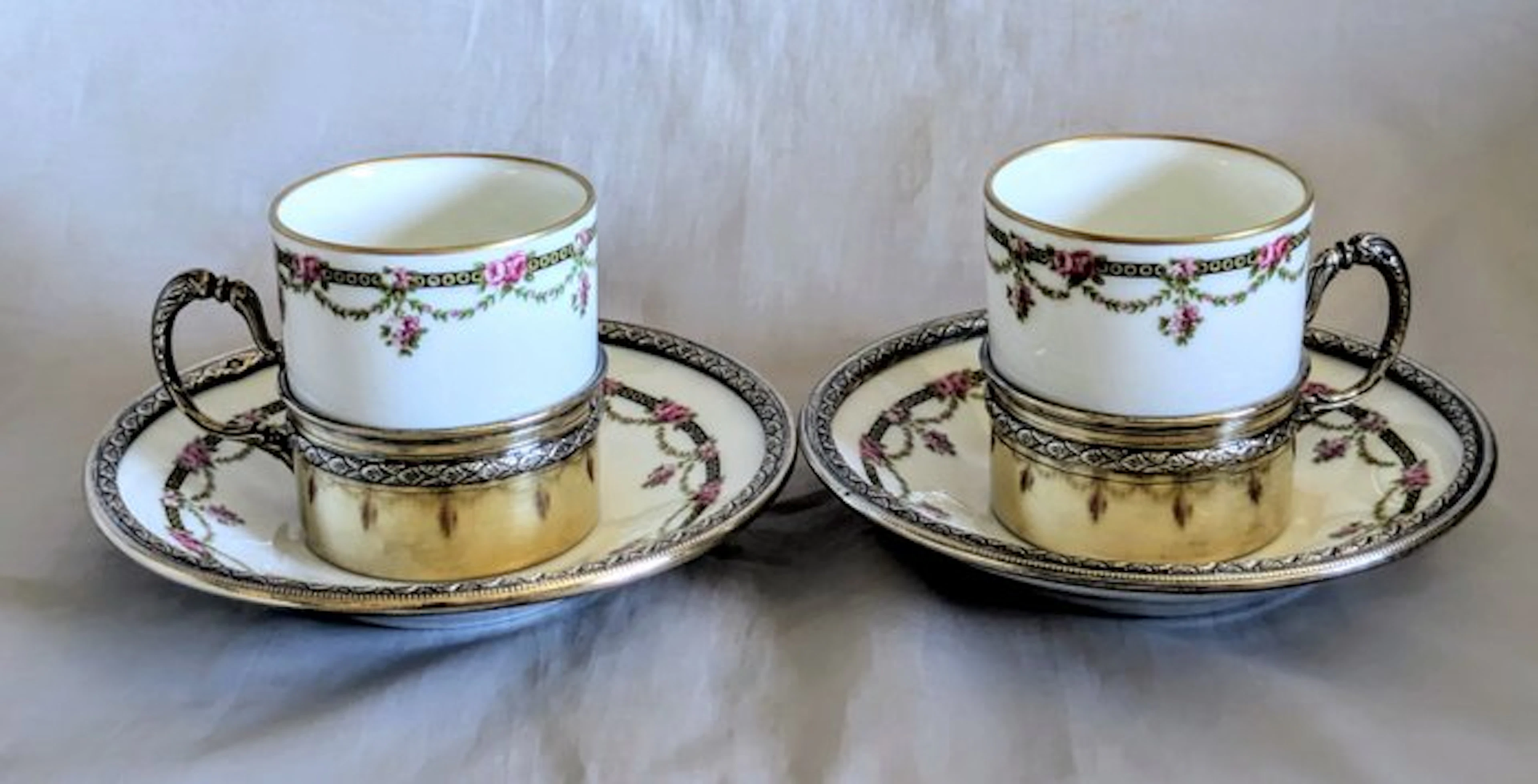 Limoges - Cup and saucer (4) - .950 silver - Pair of cups
