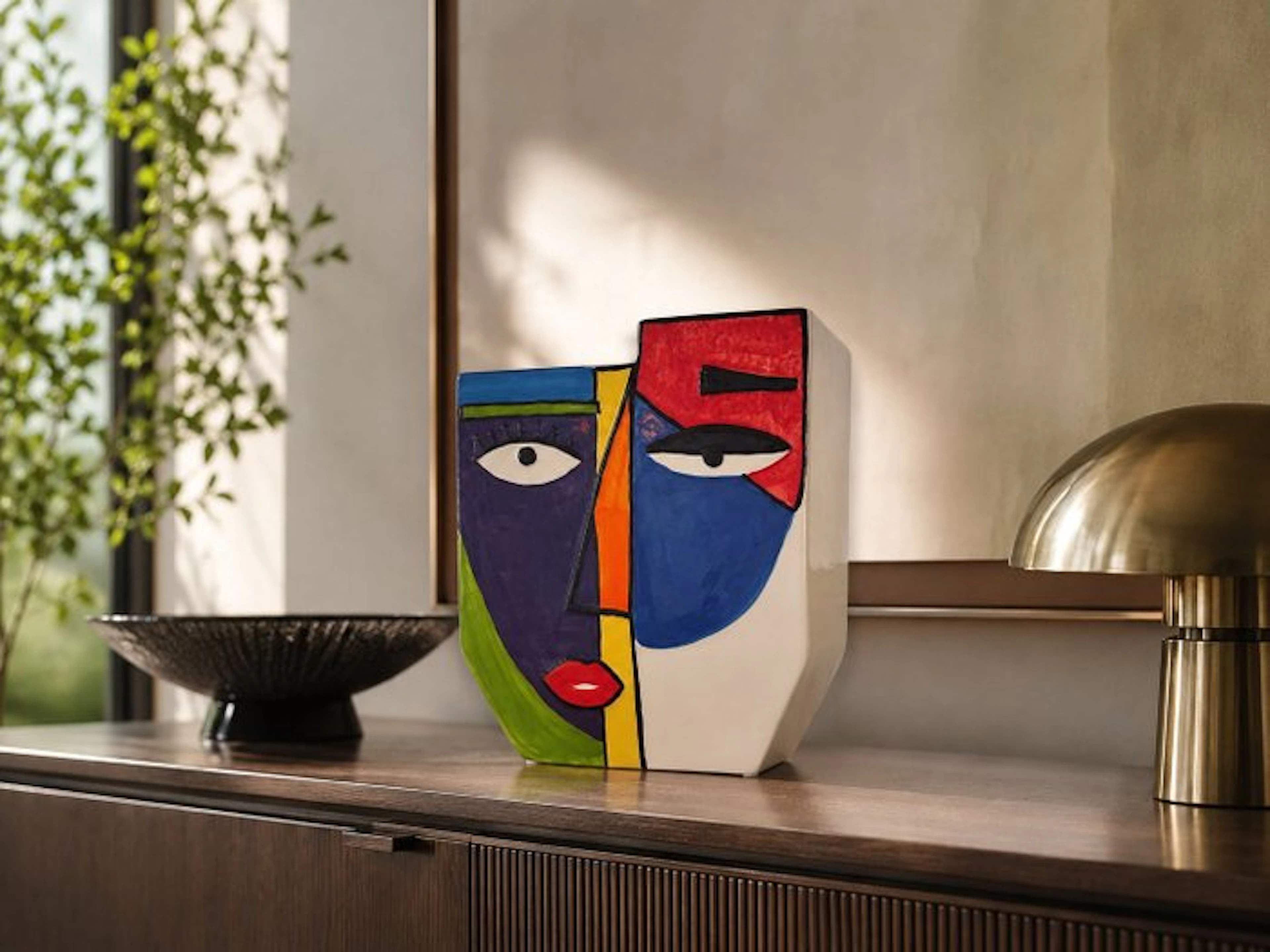 Vase - hand-painted design - Ceramic - Cubist faces